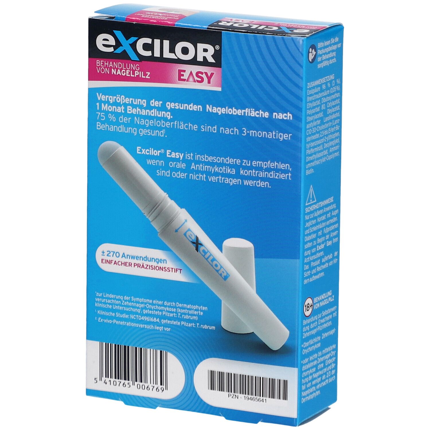 Blaue Schachtel mit Excilor Easy. Enthält einen Stift und Informationen. Aufschrift: Behandlung von Nagelpilz. 1270 Anwendungen.