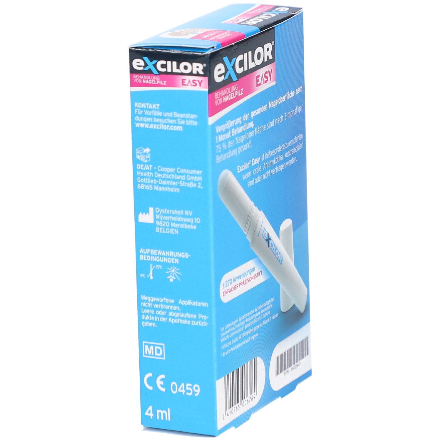Blaue Schachtel mit Excilor Easy. Enthält einen Stift und Informationen. Aufschrift: Behandlung von Nagelpilz. 4 ml.