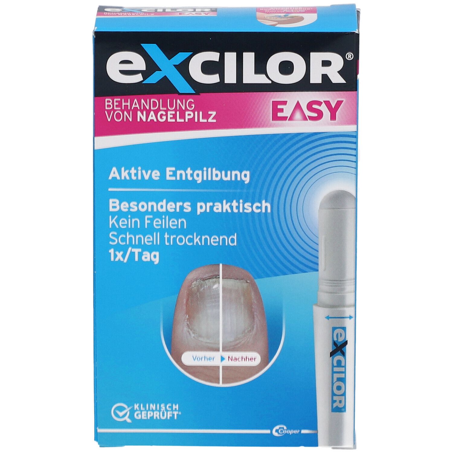 Blaue Schachtel mit Excilor Easy und Stift. Aufschrift: Behandlung von Nagelpilz. Vorher-Nachher-Bild eines Nagels. Klinisch geprüft.