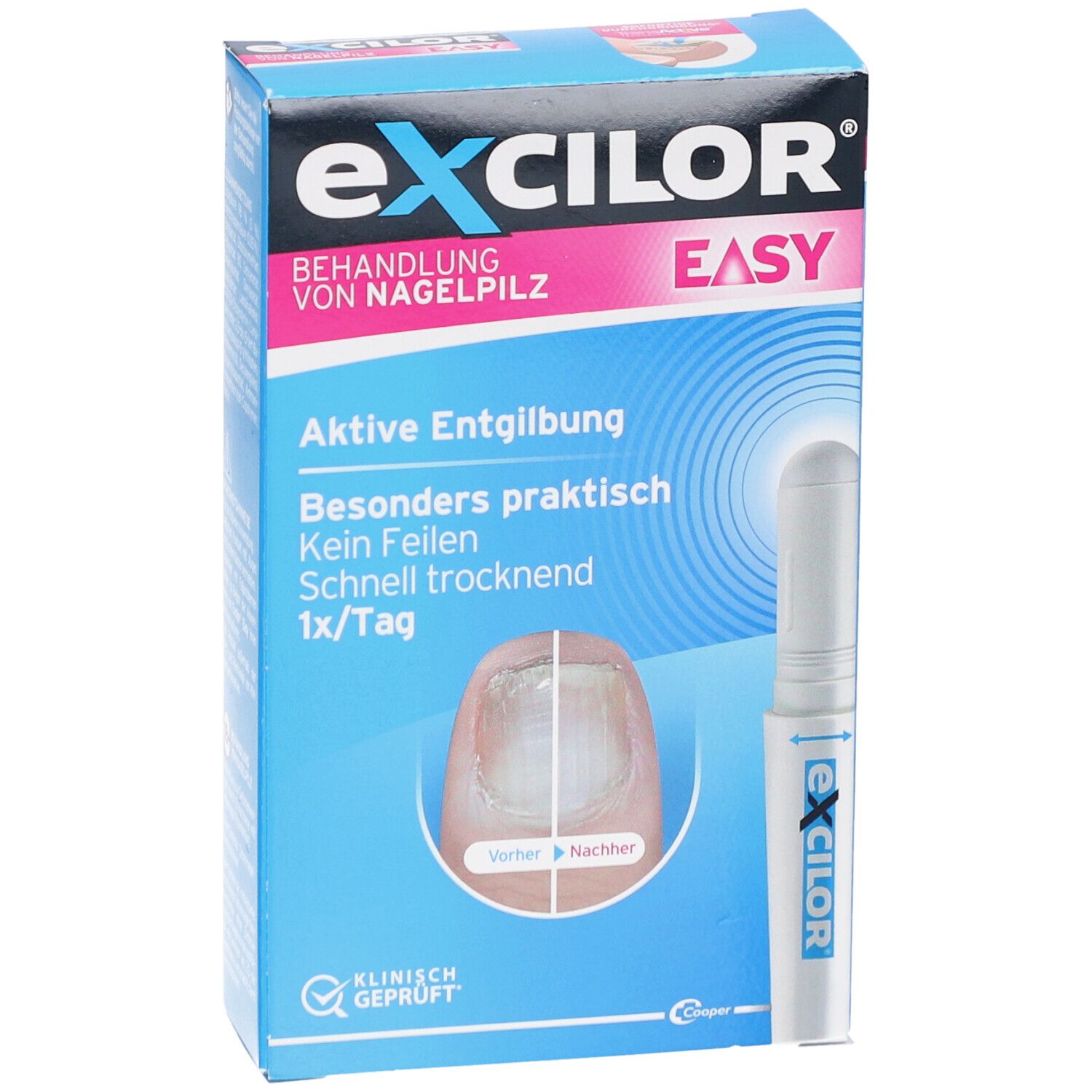 Blaue Schachtel mit Excilor Easy und Stift. Aufschrift: Behandlung von Nagelpilz. Vorher-Nachher-Bild eines Nagels. Klinisch geprüft.