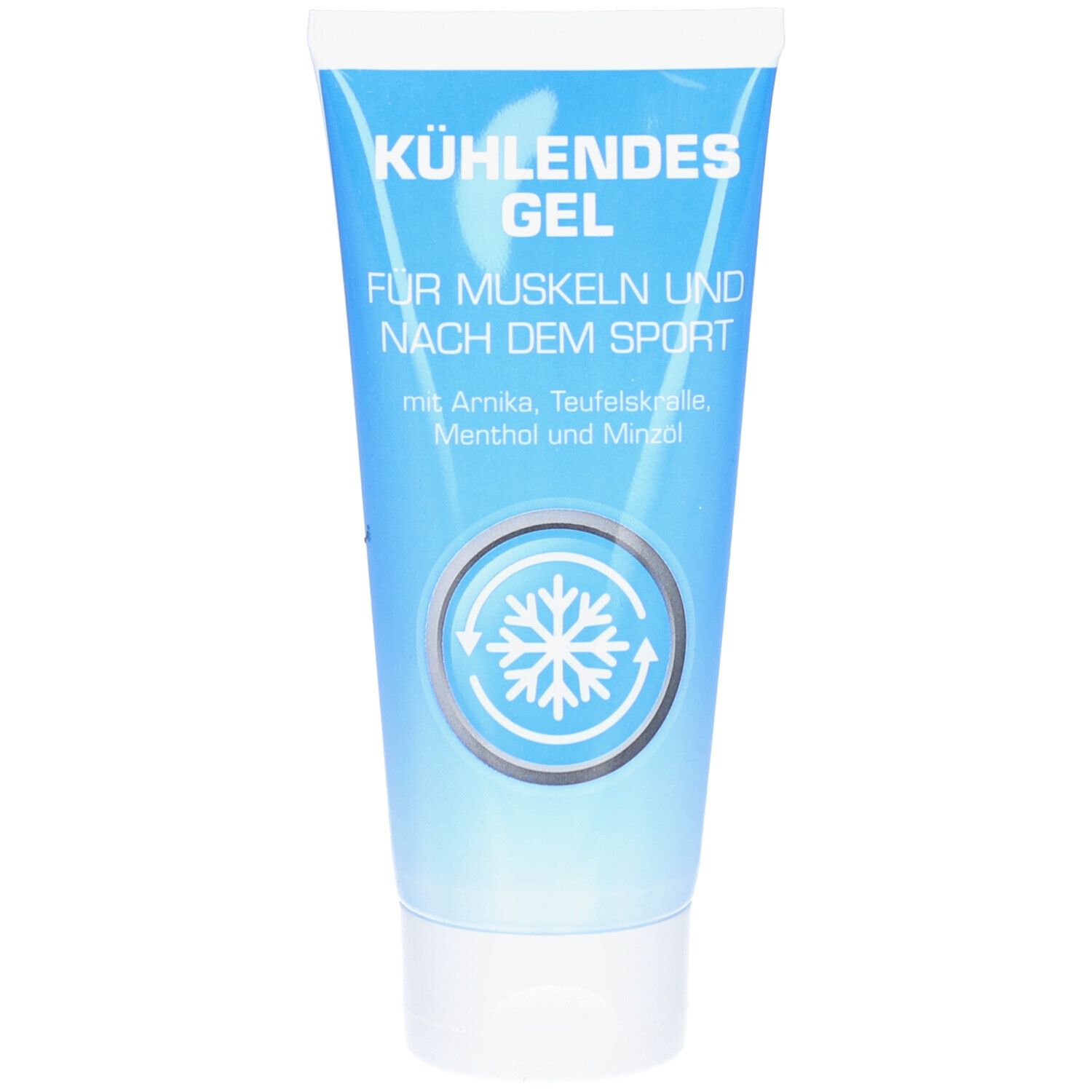 Blau-weiße Tube mit der Aufschrift "Kühlendes Gel für Muskeln und nach dem Sport". Enthält Menthol und Minzöl.