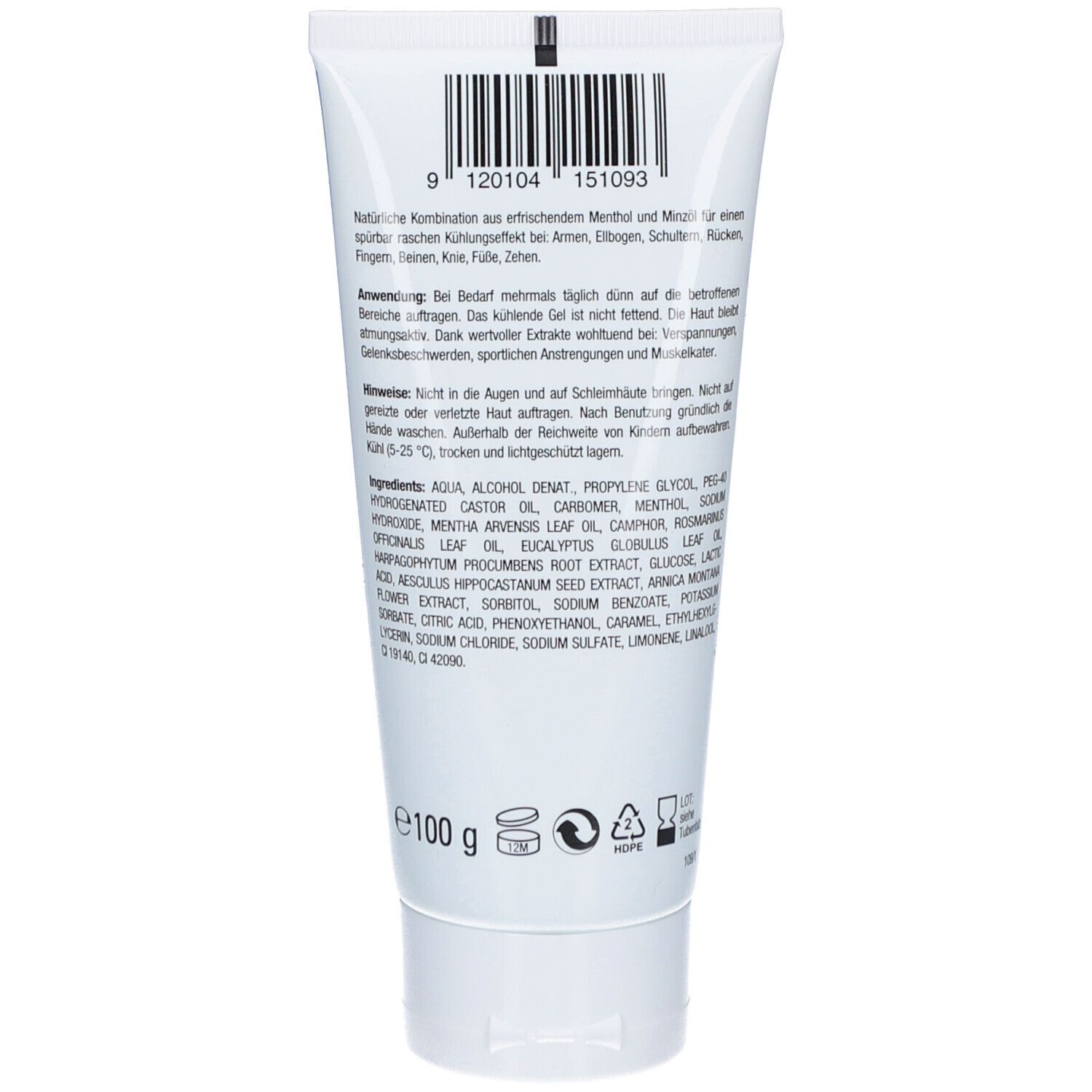 Rückseite der Tube mit Inhaltsstoffen und Informationen. Enthält eine Barcode und das Gewicht von 100g.