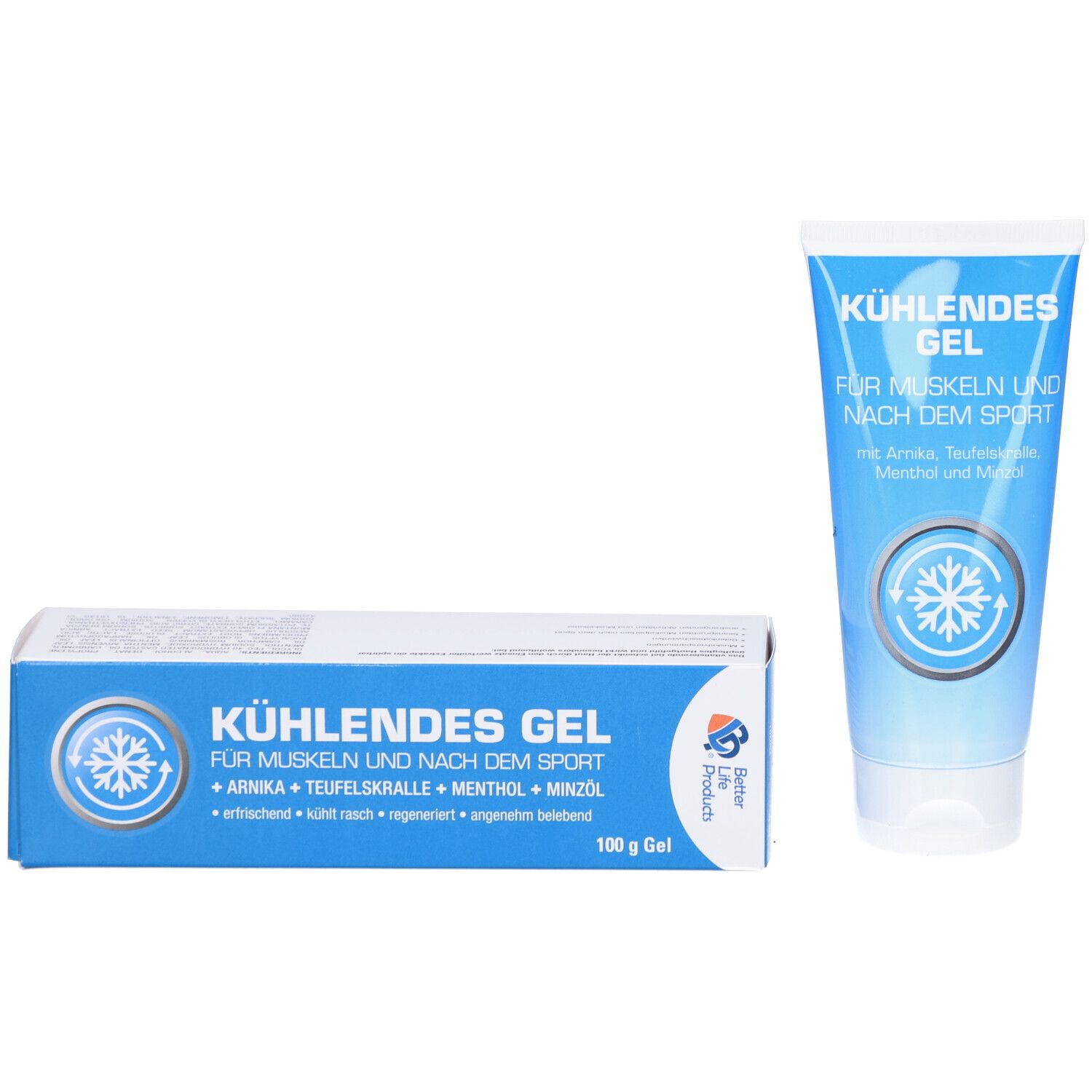 Produktverpackung und Tube. Aufschrift "Kühlendes Gel für Muskeln und nach dem Sport". Enthält 100g Gel.