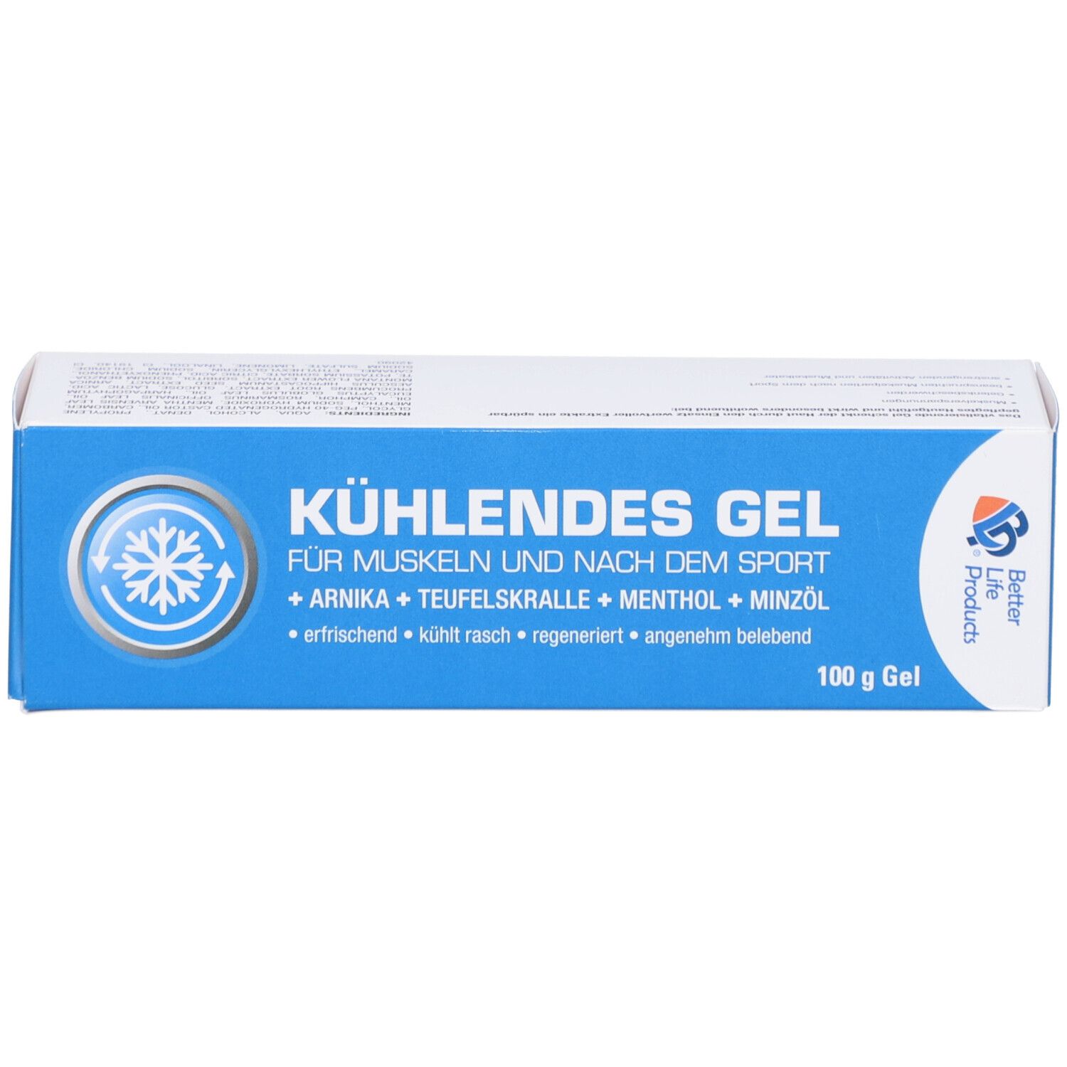 Blaue Produktverpackung mit der Aufschrift "Kühlendes Gel für Muskeln und nach dem Sport". Enthält 100g Gel.