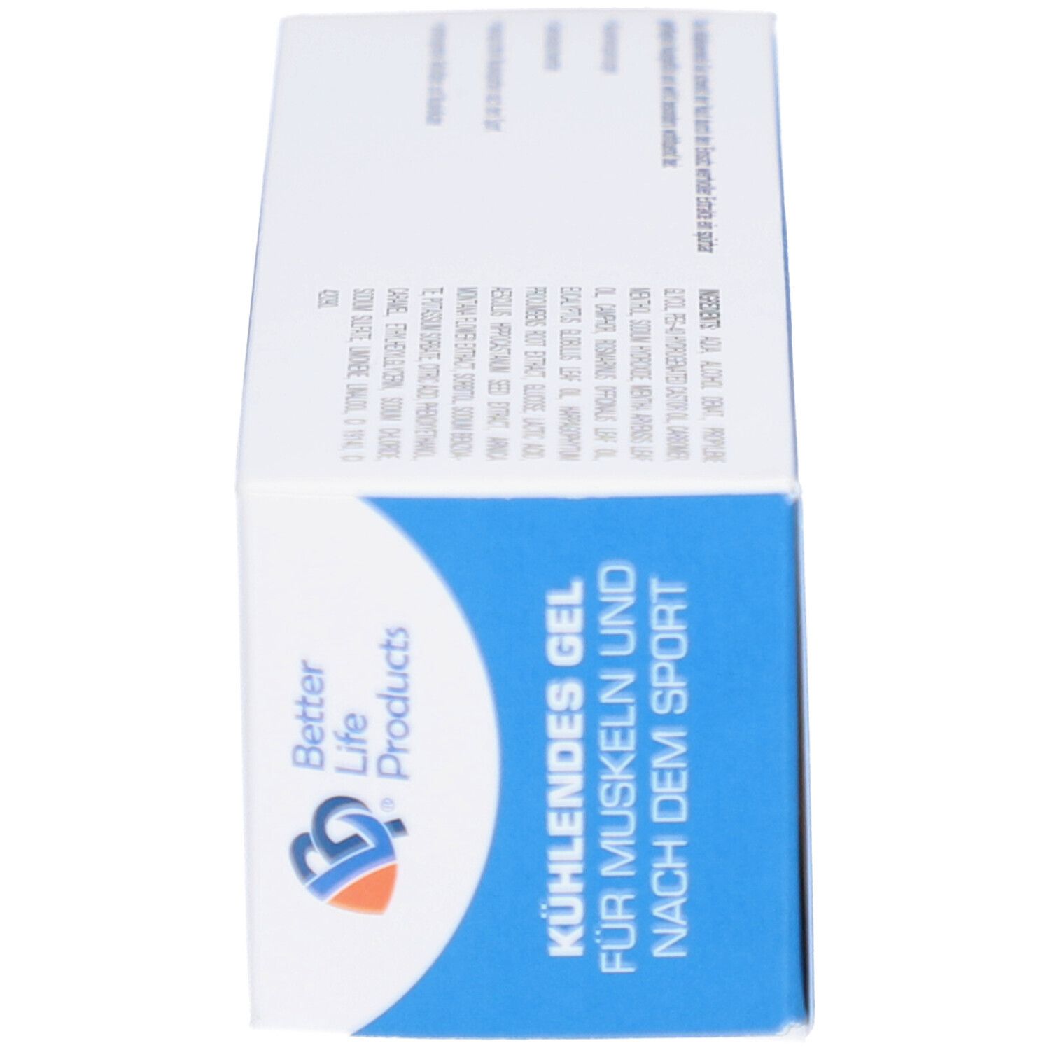 Seitenansicht der Produktverpackung. Aufschrift "Kühlendes Gel für Muskeln und nach dem Sport".