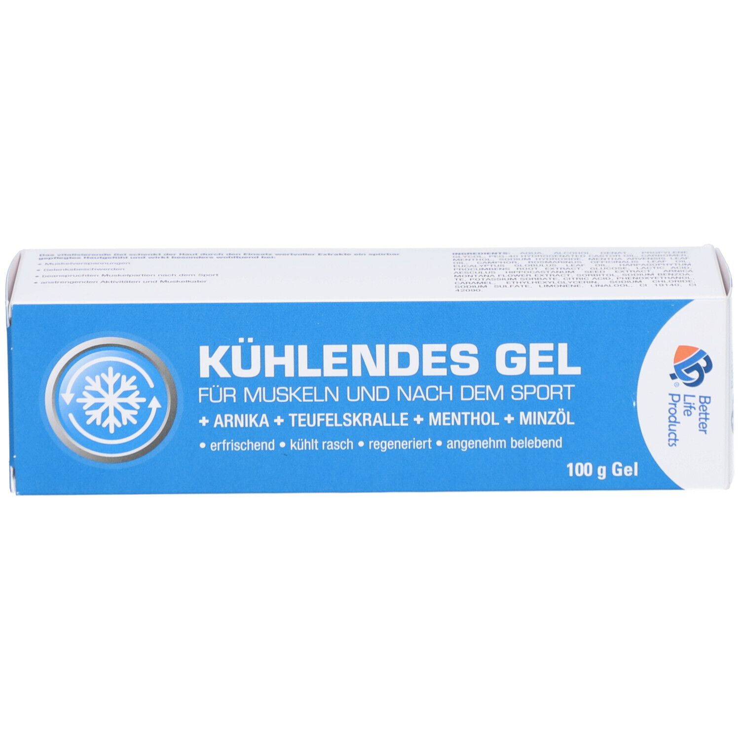 Produktverpackung mit der Aufschrift "Kühlendes Gel für Muskeln und nach dem Sport". Enthält 100g Gel.