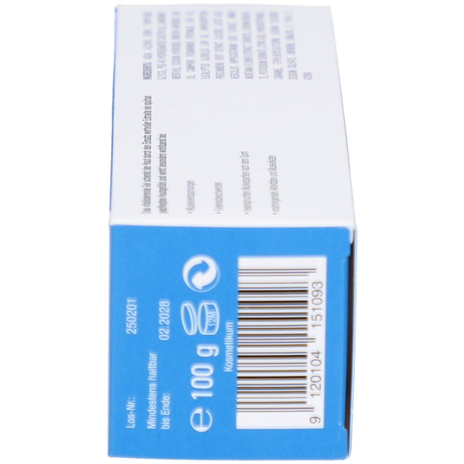 Seitenansicht der Produktverpackung mit Informationen. Enthält ein Mindesthaltbarkeitsdatum.