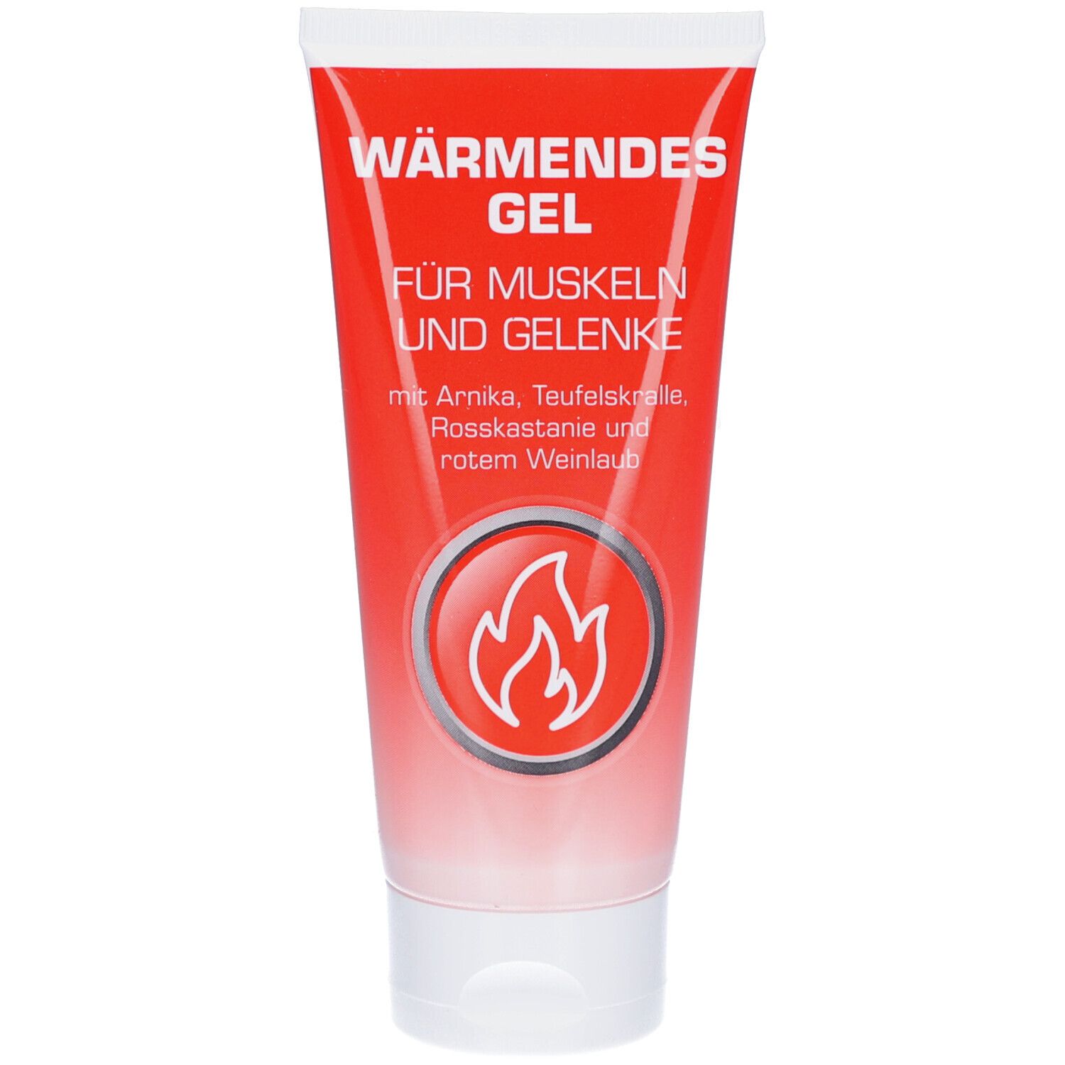 Rote Tube mit weißem Deckel. Aufschrift: Wärmendes Gel für Muskeln und Gelenke. Logo: Flamme. Inhaltsstoffe: Arnika, Teufelskralle, Rosskastanie.