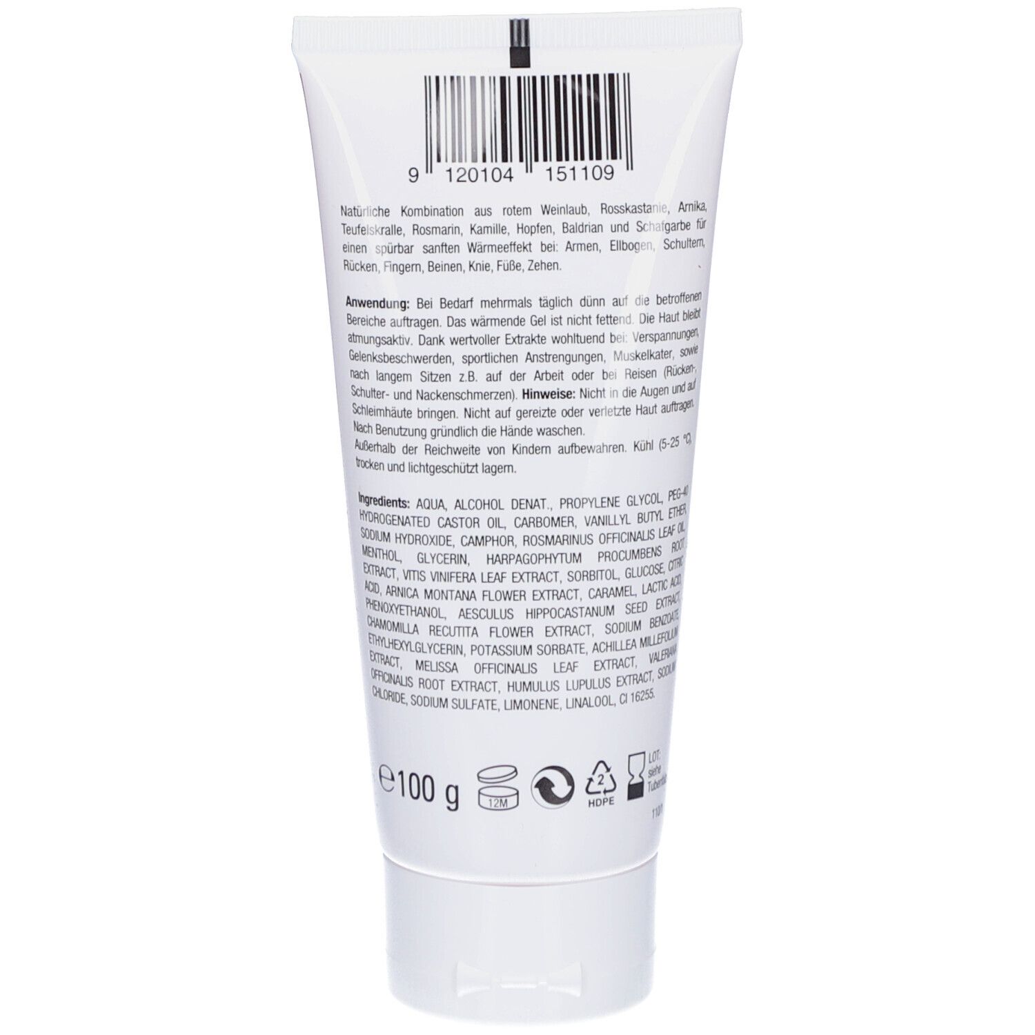 Rückseite der Tube. Enthält Informationen zu Inhaltsstoffen und Anwendung. Barcode und Gewichtsangabe: 100 g.