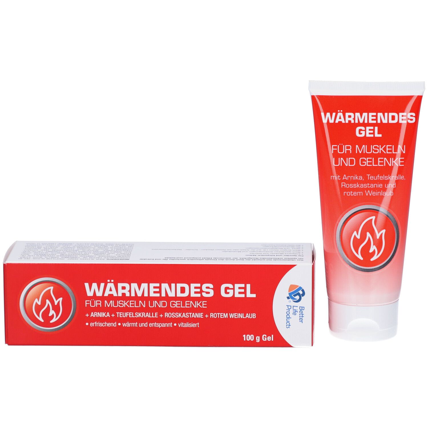 Produktverpackung: Tube und Schachtel. Aufschrift: Wärmendes Gel für Muskeln und Gelenke. Logo: Flamme. Inhaltsstoffe: Arnika, Teufelskralle, Rosskastanie.