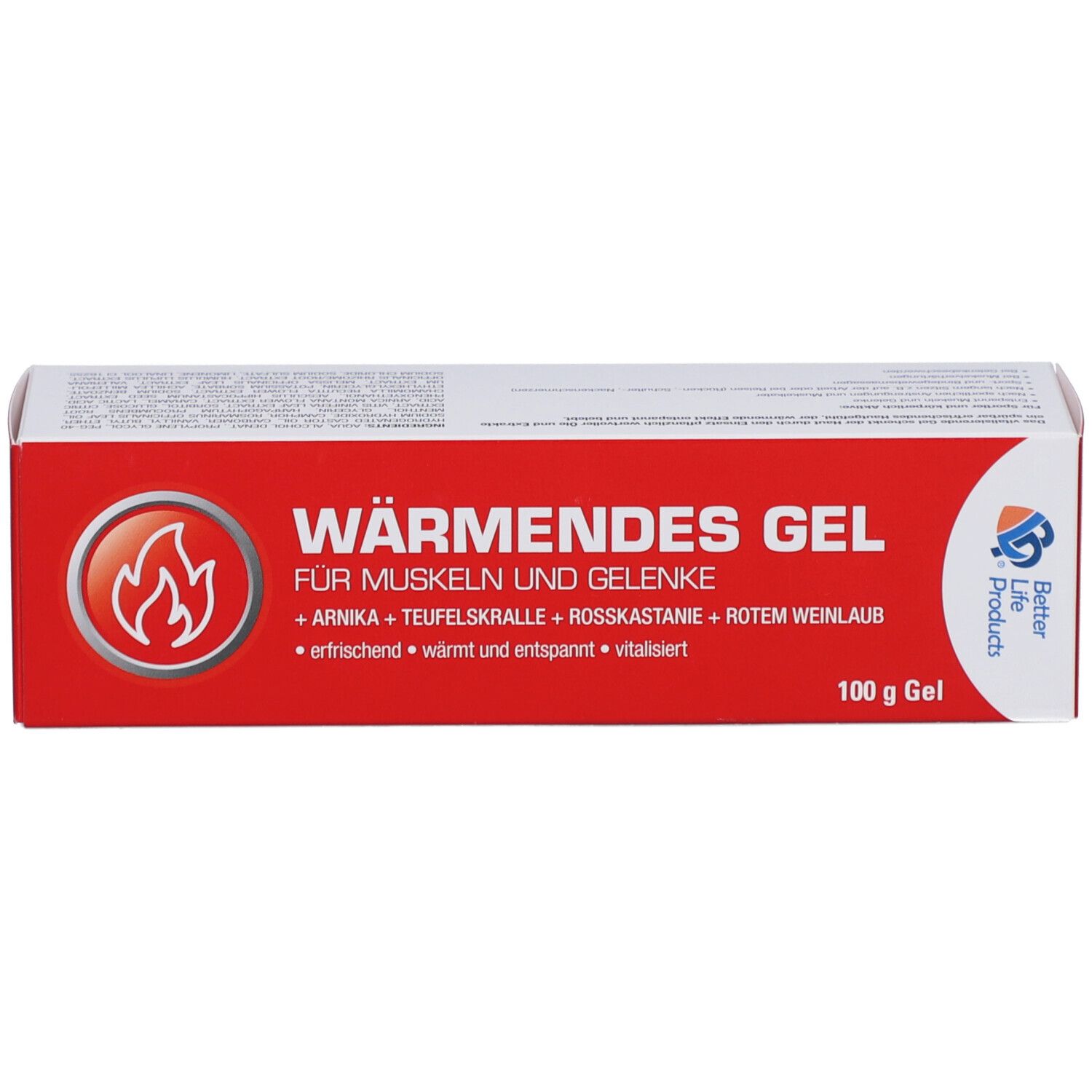 Rote Schachtel mit weißer Schrift. Aufschrift: Wärmendes Gel für Muskeln und Gelenke. Logo: Flamme. Inhaltsstoffe: Arnika, Teufelskralle, Rosskastanie, rotem Weinlaub.