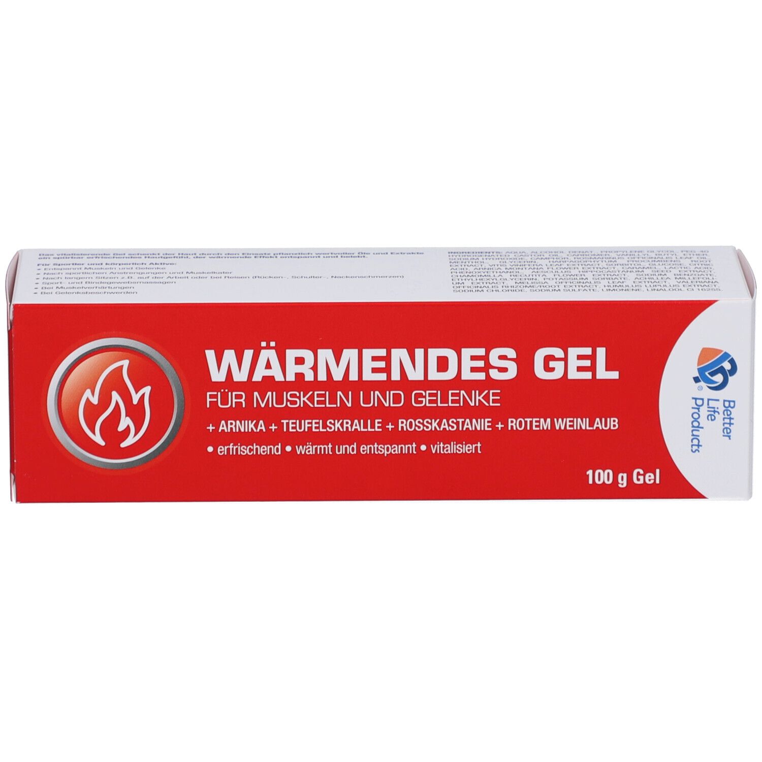 Vorderansicht der roten Schachtel. Aufschrift: Wärmendes Gel für Muskeln und Gelenke. Logo: Flamme. Marke: Better Life Products. 100 g Gel.