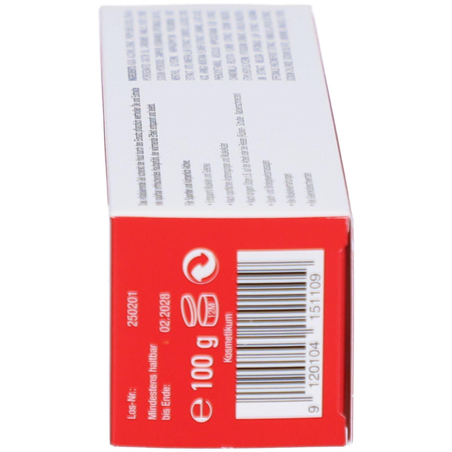 Rückseite der Schachtel. Enthält Informationen und Barcode. Mindesthaltbarkeit bis 02.2028. Inhalt: 100 g.