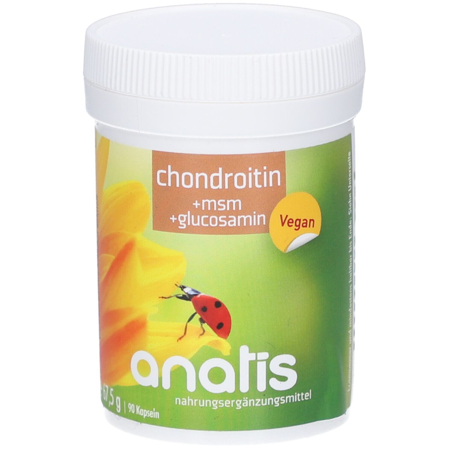 Weiße Dose mit Etikett. Aufschrift: Chondroitin, msm, Glucosamin, Vegan. Logo: Marienkäfer auf Blüte. Text: anatis, Nahrungsergänzungsmittel.