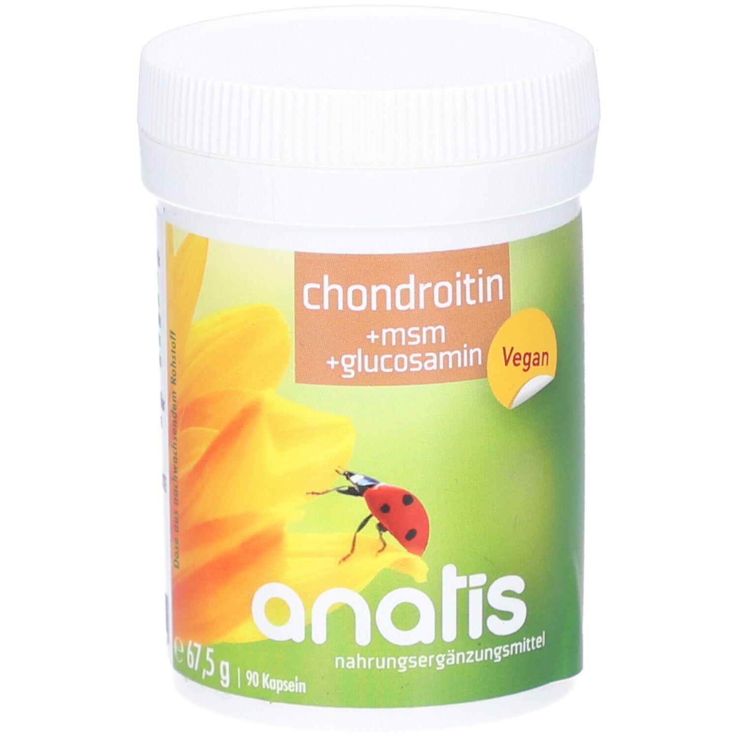 Weiße Dose mit Etikett. Aufschrift: Chondroitin, msm, Glucosamin, Vegan. Logo: Marienkäfer auf Blüte. Text: anatis, Nahrungsergänzungsmittel.