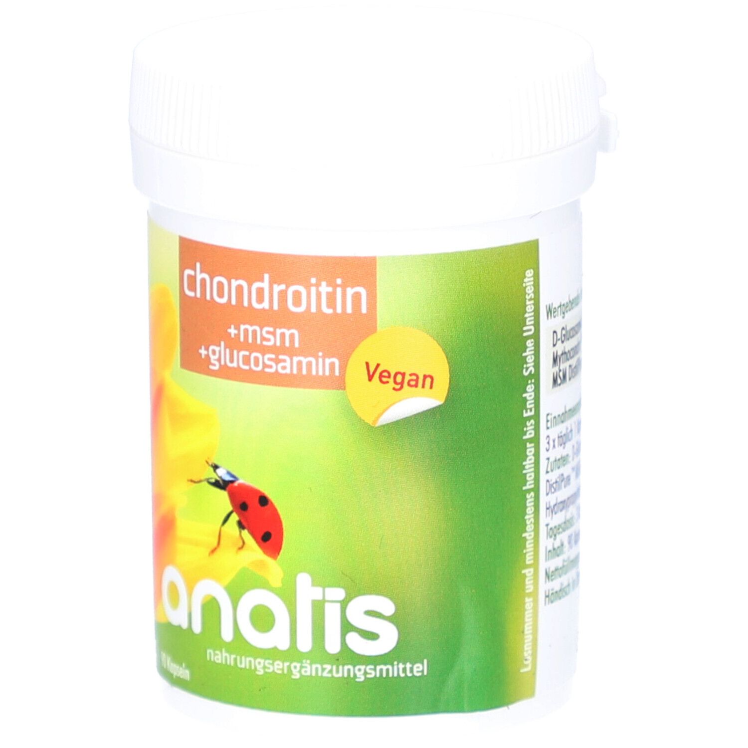 Weiße Dose mit Etikett. Aufschrift: Chondroitin, msm, Glucosamin, Vegan. Logo: Marienkäfer auf Blüte. Text: anatis, Nahrungsergänzungsmittel.