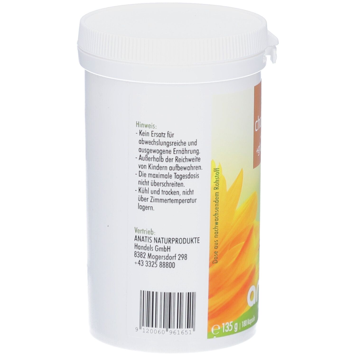 Weißes Supplement-Behälter mit Deckel. Rückseite mit Text. Marke: analis. Barcode und Informationen zur Lagerung.