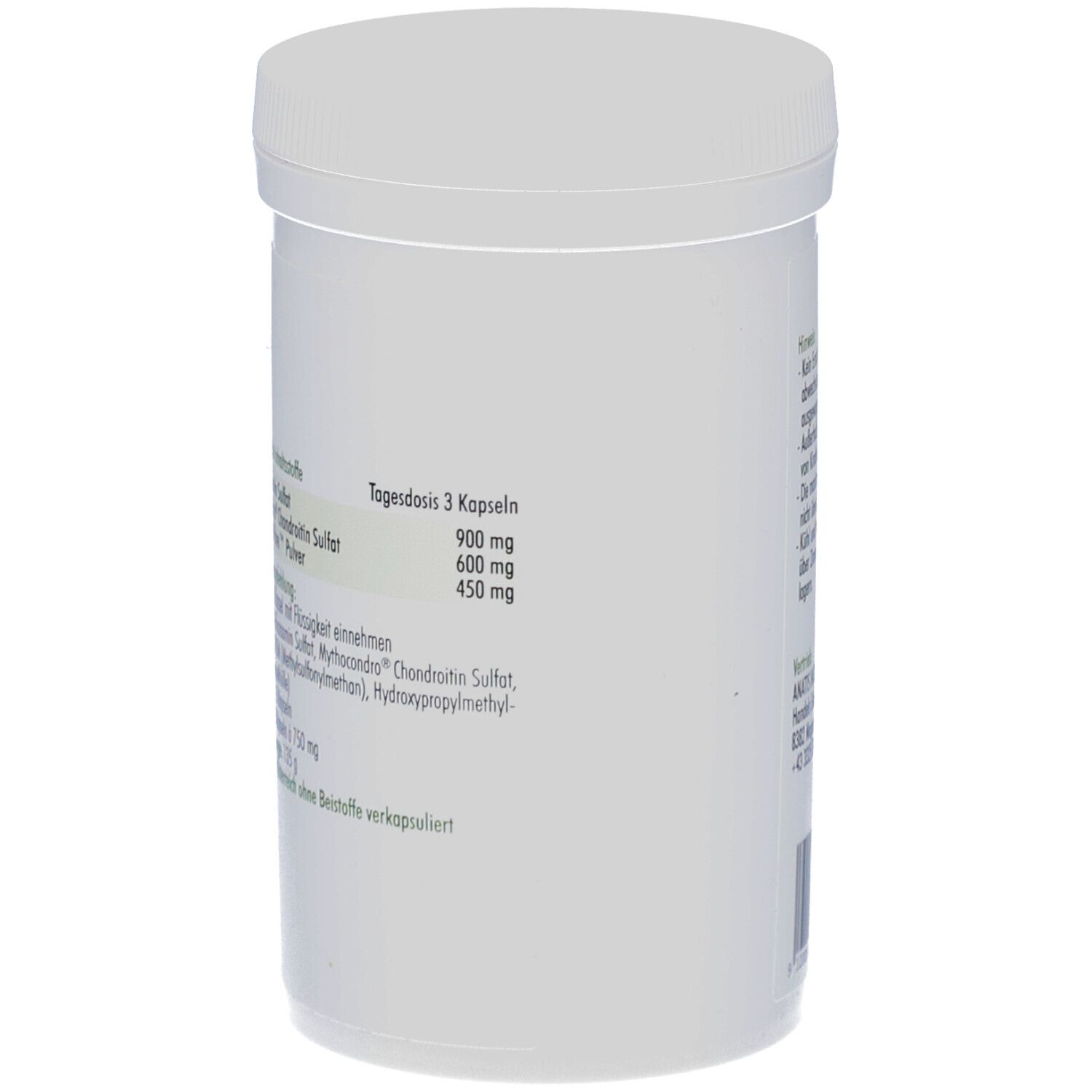 Weißes Supplement-Behälter mit Deckel. Seite mit Inhaltsstoffangaben. Marke: analis. Angaben zur Dosierung.