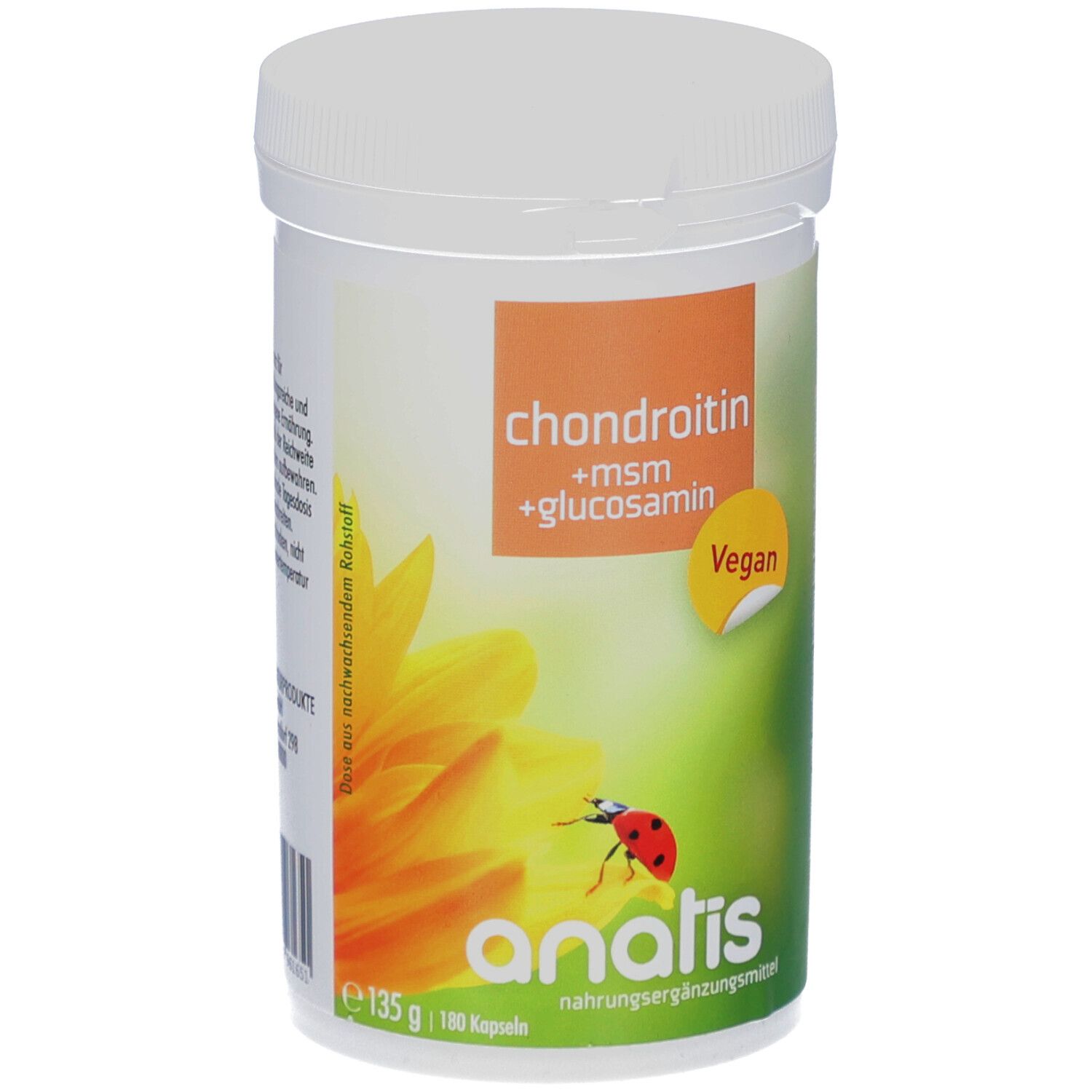 Weißes Supplement-Behälter mit Deckel. Aufkleber mit 'chondroitin +msm +glucosamin' und 'Vegan'. Marke: analis.