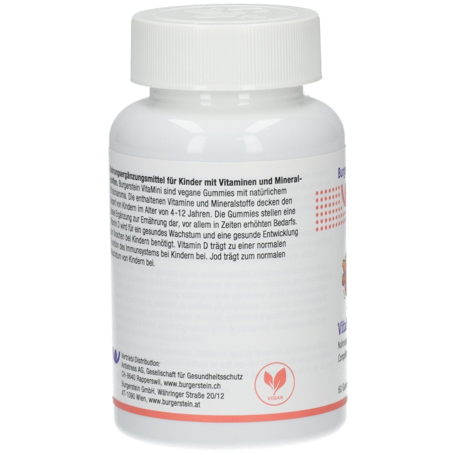 Rückseite der weißen Flasche. Textinformationen. Vegan-Logo. Herstellerinformationen.