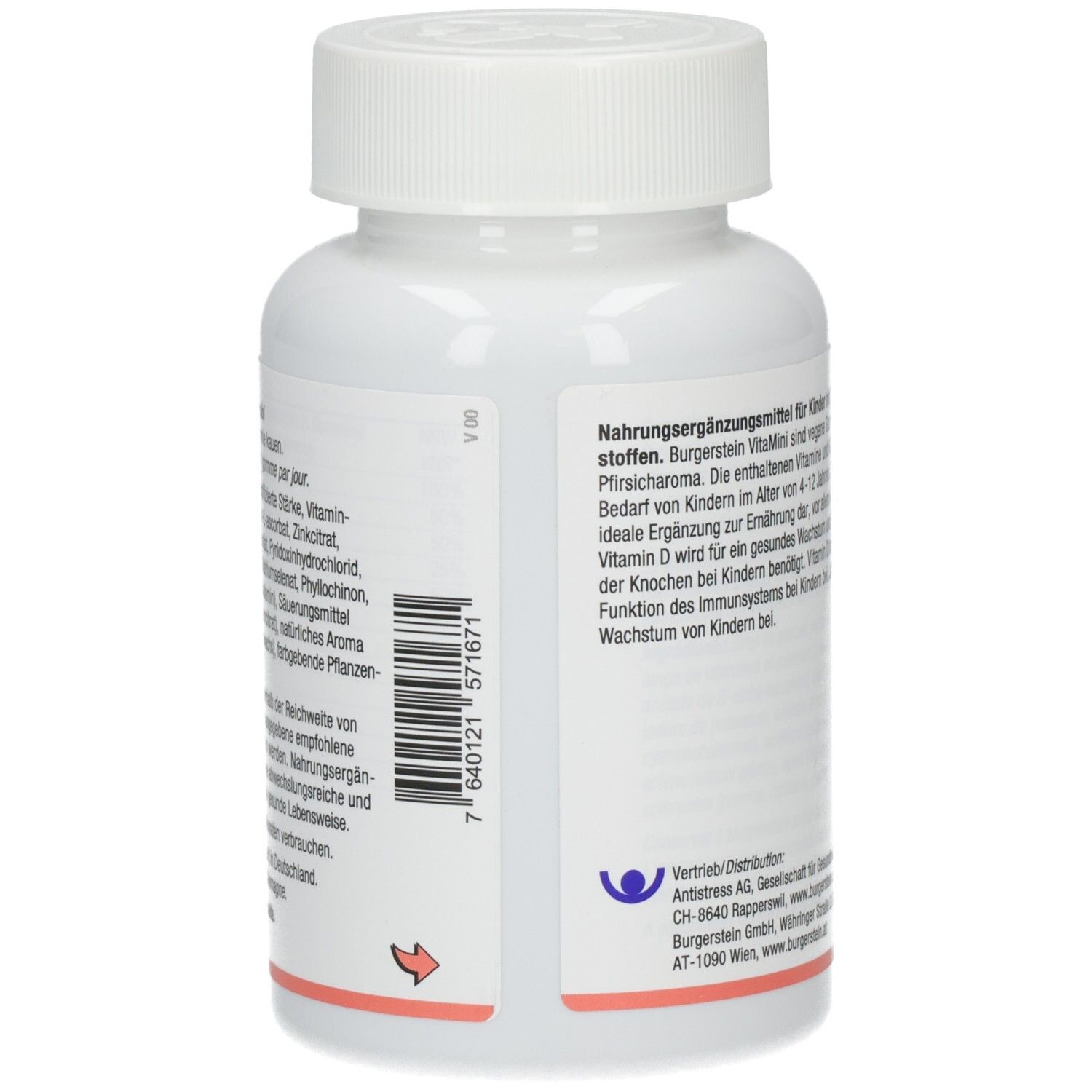 Rückseite der weißen Flasche. Textinformationen. Barcode. Herstellerinformationen.