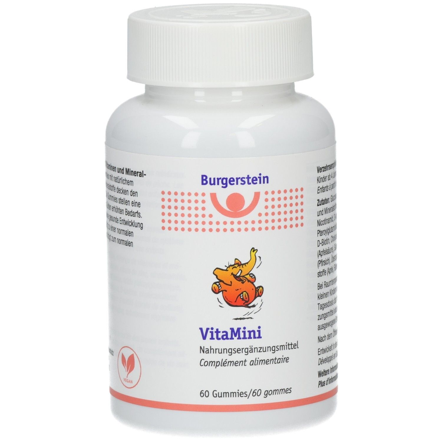 Weiße Flasche mit Schraubverschluss. Aufschrift Burgerstein VitaMini. Enthält 60 Gummies. Vegan-Logo.