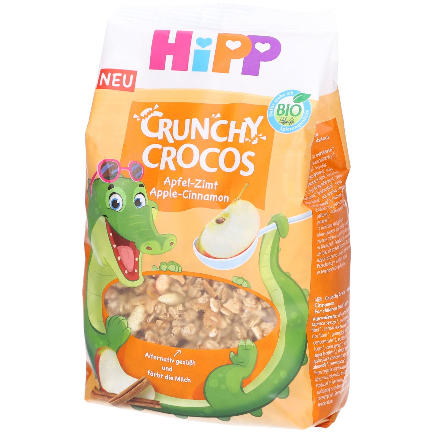 Verpackung von HIPP Crunchy Crocos Apfel-Zimt. Abbildung eines Krokodils mit Sonnenbrille. Bio-Siegel.