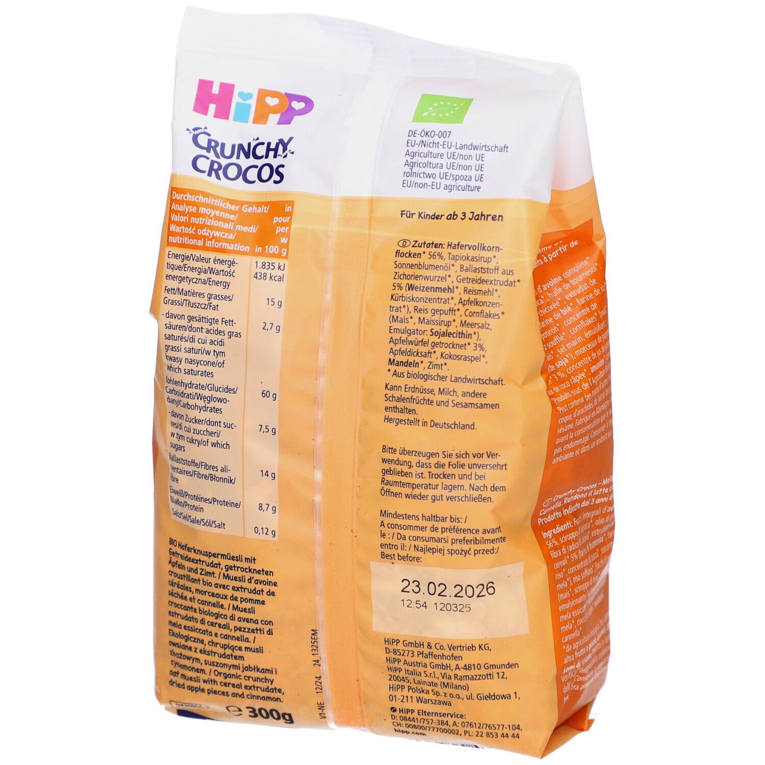 Rückseite der HIPP Crunchy Crocos Verpackung. Informationen zu Inhaltsstoffen und Nährwerten. Bio-Siegel.