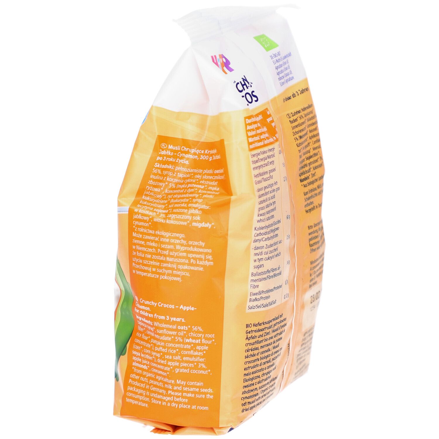 HIPP Crunchy Crocos Verpackung, Seitenansicht. Text und Nährwertangaben auf orangefarbenem Hintergrund.