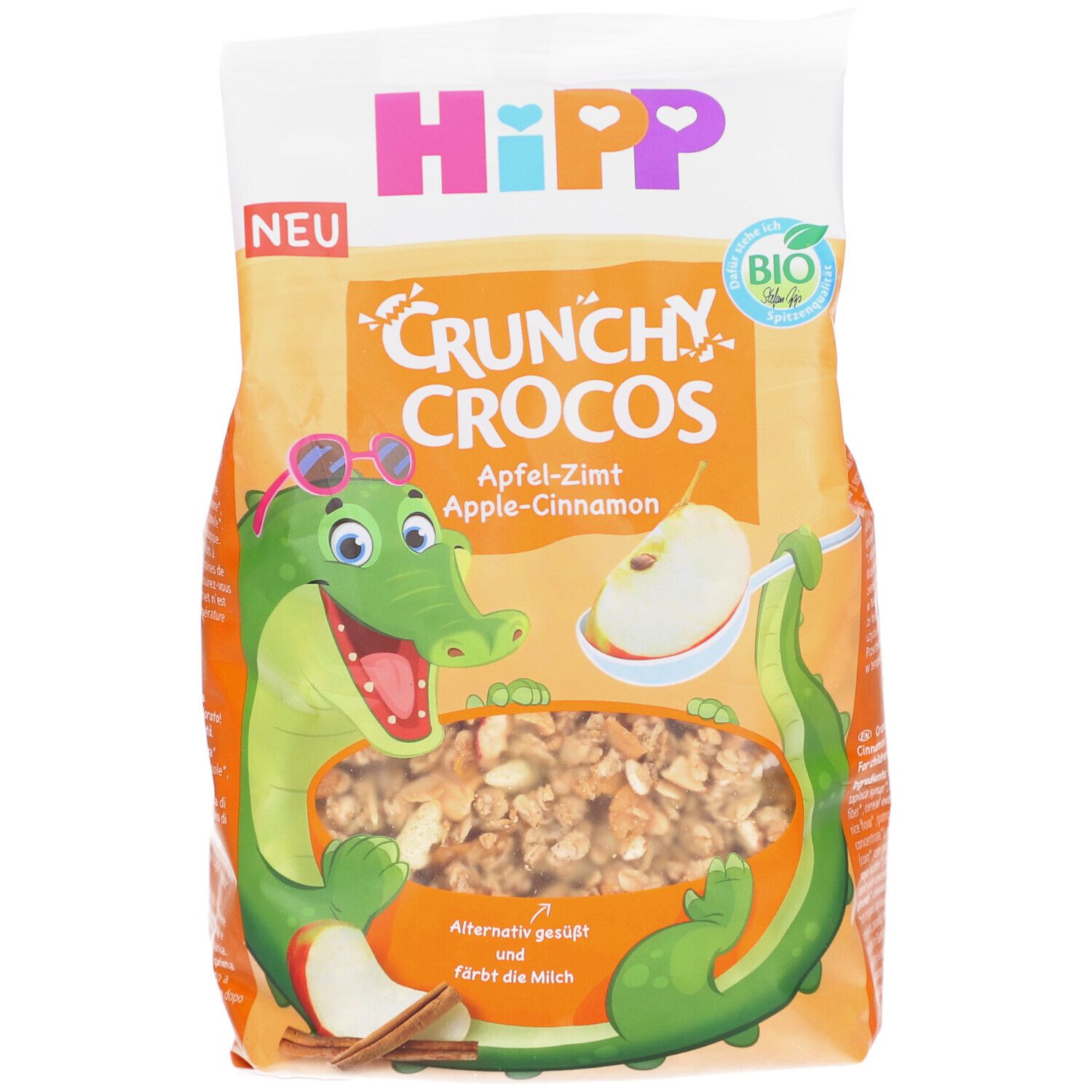 Verpackung von HIPP Crunchy Crocos Apfel-Zimt. Abbildung eines Krokodils mit Sonnenbrille. Bio-Siegel.