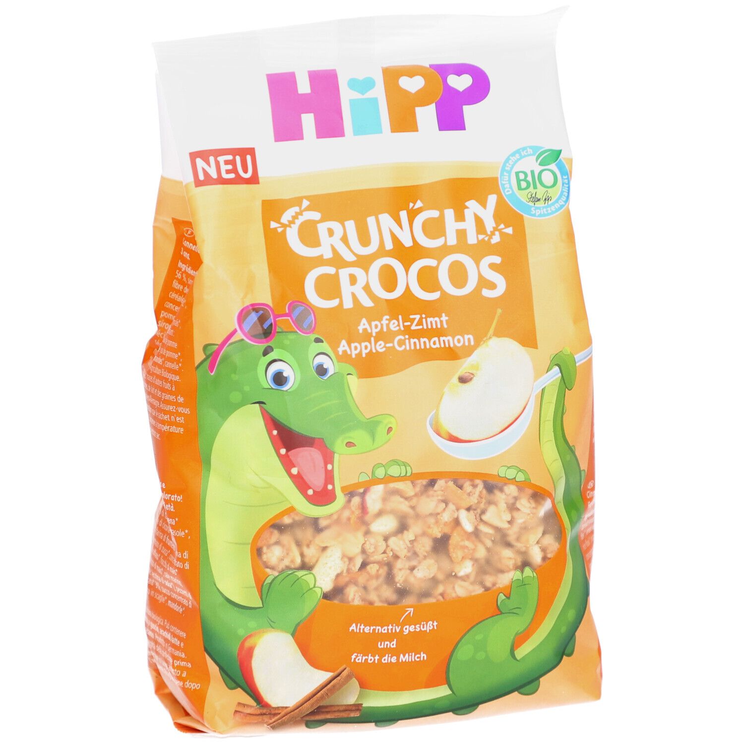 Verpackung von HIPP Crunchy Crocos Apfel-Zimt. Abbildung eines Krokodils mit Sonnenbrille. Bio-Siegel.