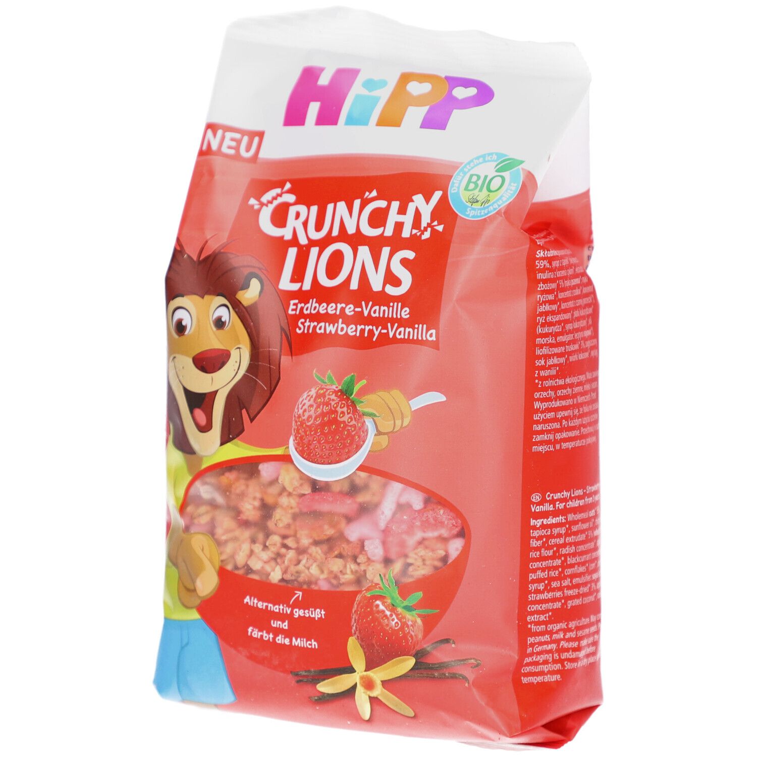 Verpackung von Crunchy Lions Erdbeer-Vanille. Logo Hipp, Cartoon-Löwe, Erdbeere und Vanille. Bio-Siegel.