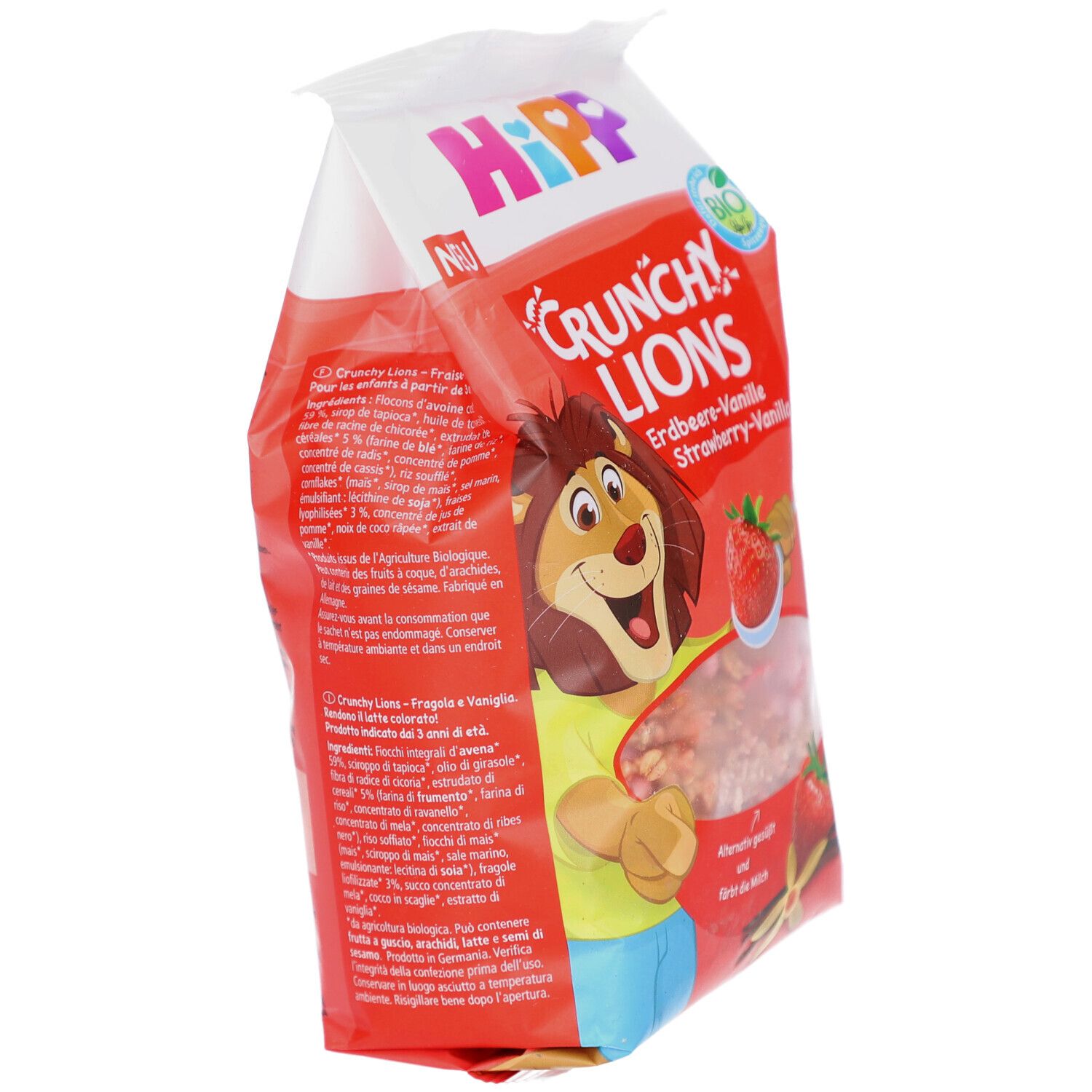 Verpackung von Crunchy Lions Erdbeer-Vanille. Logo Hipp, Cartoon-Löwe, Erdbeere und Vanille. Rückseite mit Text.