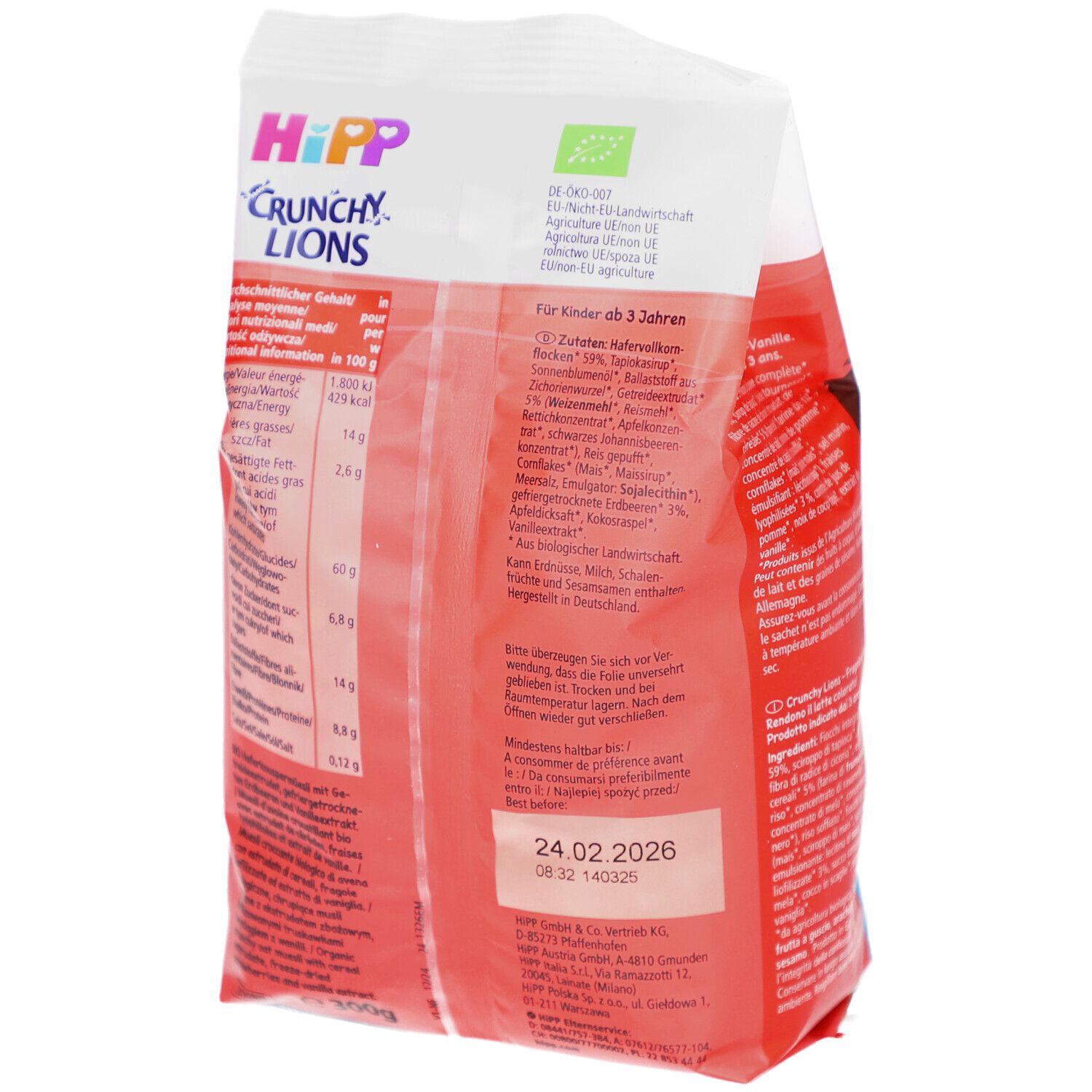 Rückseite der Crunchy Lions Verpackung. Text, Nährwertangaben, Bio-Siegel, Mindesthaltbarkeitsdatum.