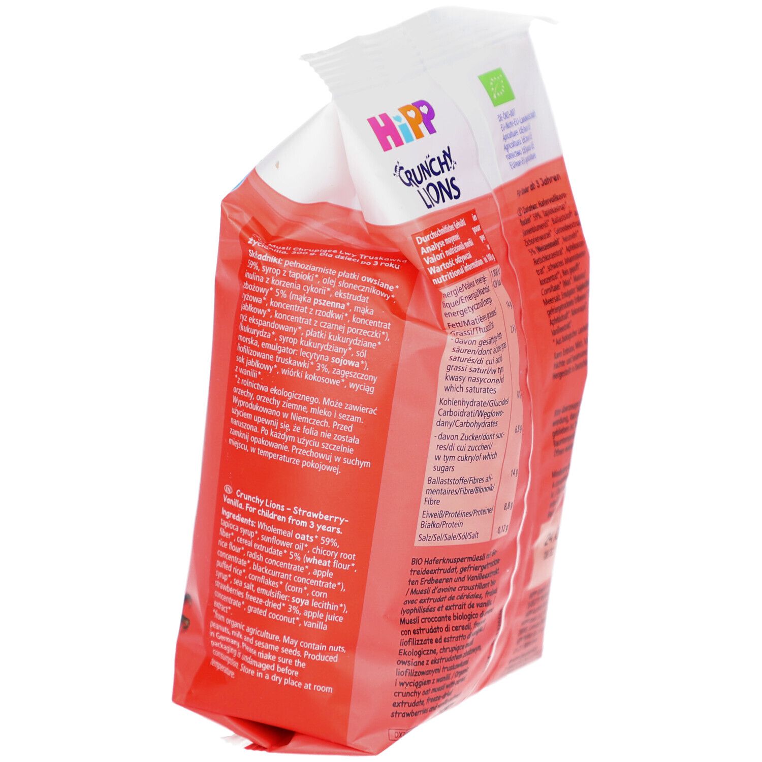 Rückseite der Crunchy Lions Verpackung. Text, Zutatenliste, Bio-Siegel. Schrägansicht.