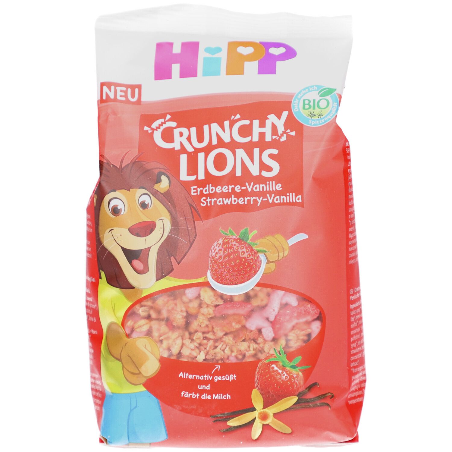 Verpackung von Crunchy Lions Erdbeer-Vanille. Logo Hipp, Cartoon-Löwe, Erdbeere und Vanille. Bio-Siegel.