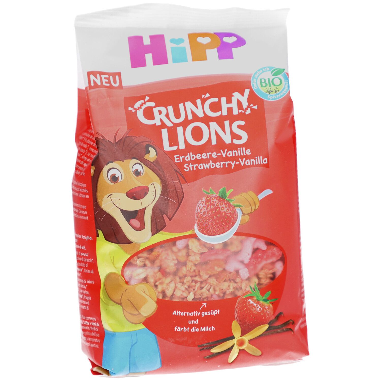 Verpackung von Crunchy Lions Erdbeer-Vanille. Logo Hipp, Cartoon-Löwe, Erdbeere und Vanille. Bio-Siegel.