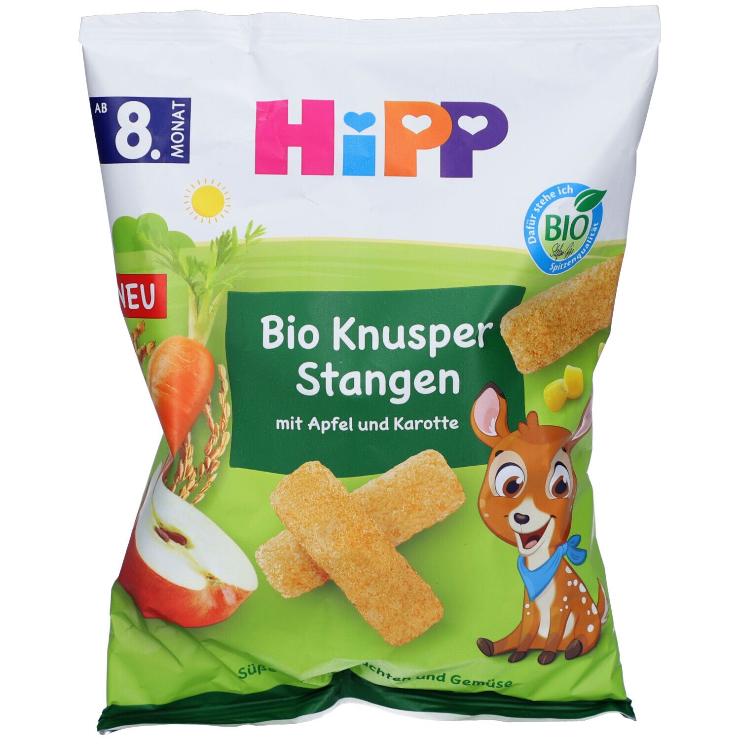 Verpackung mit "HiPP"-Logo und "Bio Knusper Stangen". Abbildung von Apfel, Karotte und Produkt. Bio-Siegel.