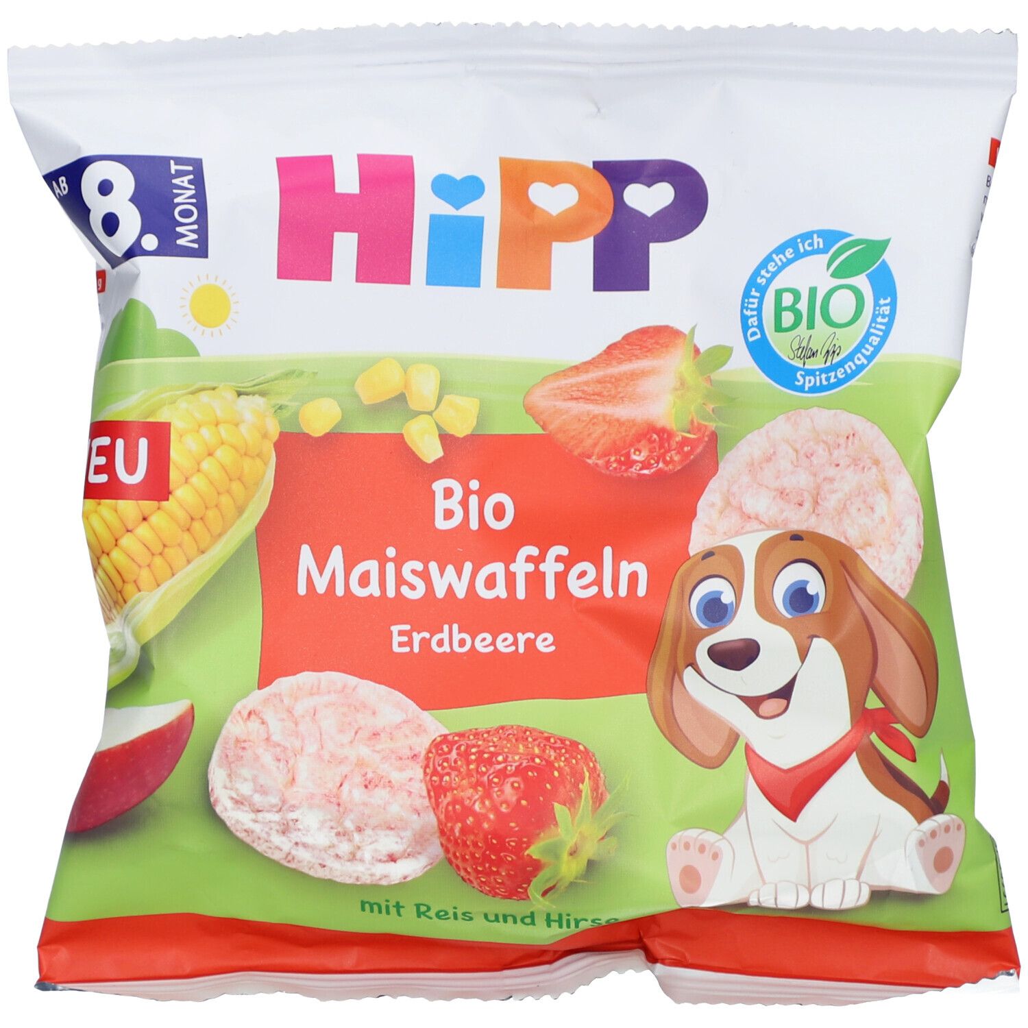Verpackung mit HiPP Bio Maiswaffeln Erdbeere. Abbildung von Mais, Erdbeeren und Waffeln. Bio-Siegel und Cartoon-Hund.