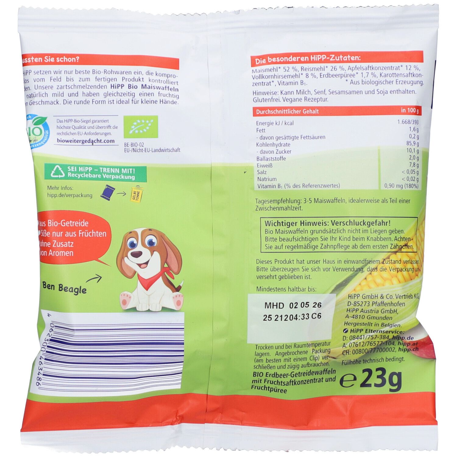 Rückseite der Verpackung mit HiPP Bio Maiswaffeln Erdbeere. Text, Nährwertangaben, Bio-Siegel und Cartoon-Hund.