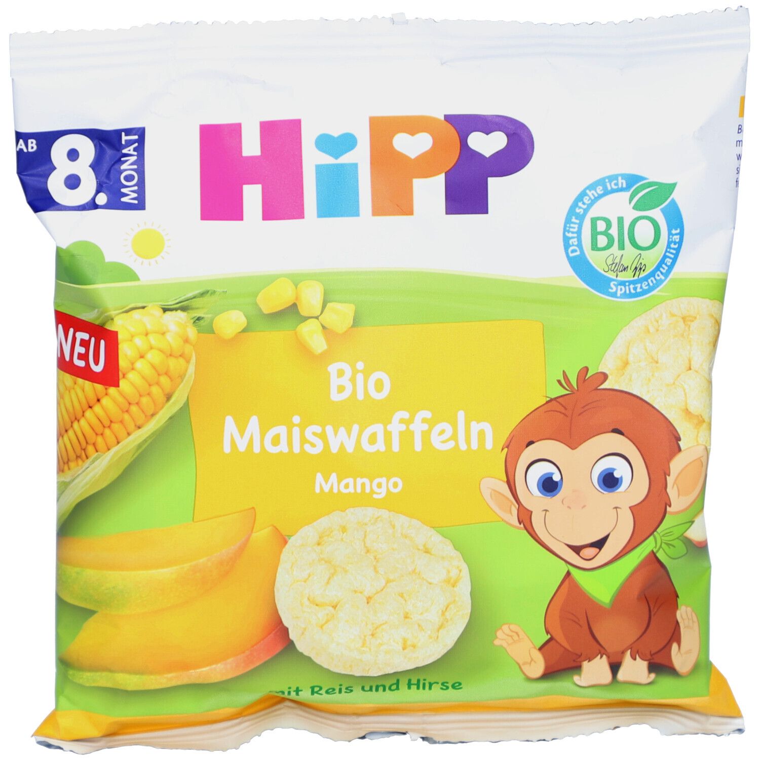 Verpackung mit "HiPP"-Logo und "Bio Maiswaffeln Mango". Abbildung von Mais, Mango und einem Affen. Bio-Siegel.