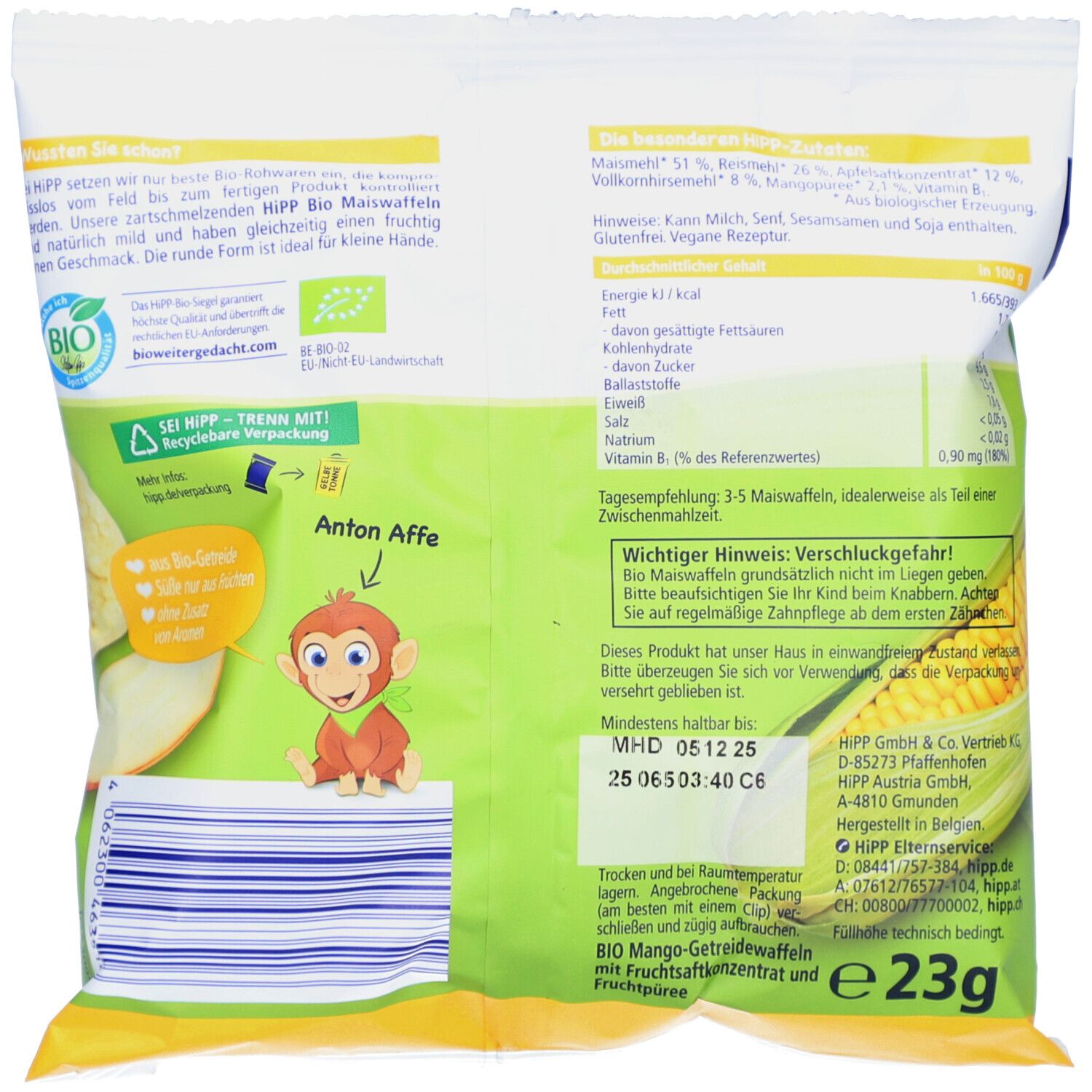 Rückseite der "HiPP Bio Maiswaffeln Mango"-Verpackung. Text mit Nährwertangaben, Zutaten und Bio-Siegel. Affen-Illustration.
