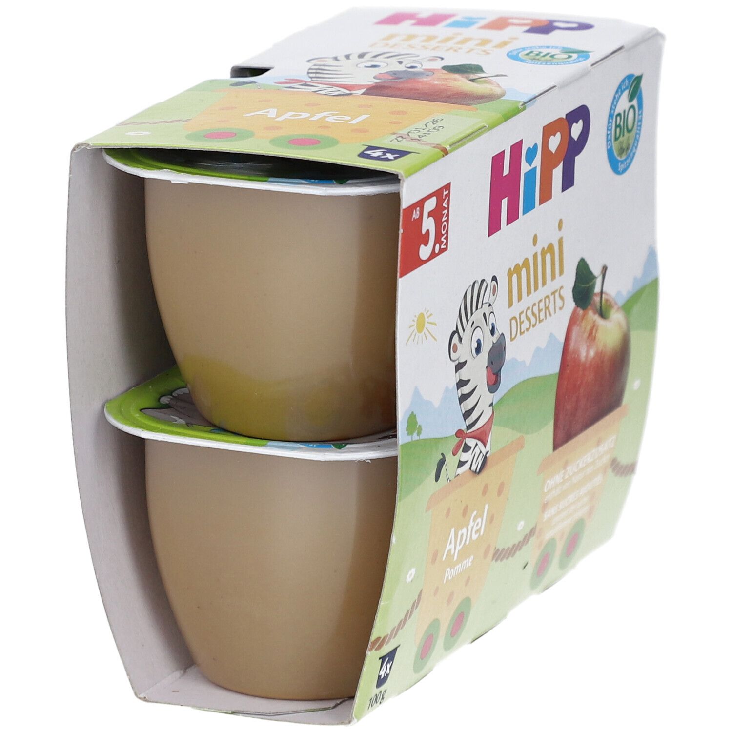 Verpackung mit zwei Bechern HIPP mini DESSERTS Apfel. Ab 5 Monaten. Mit Bio-Siegel. Ohne Zuckerzusatz.