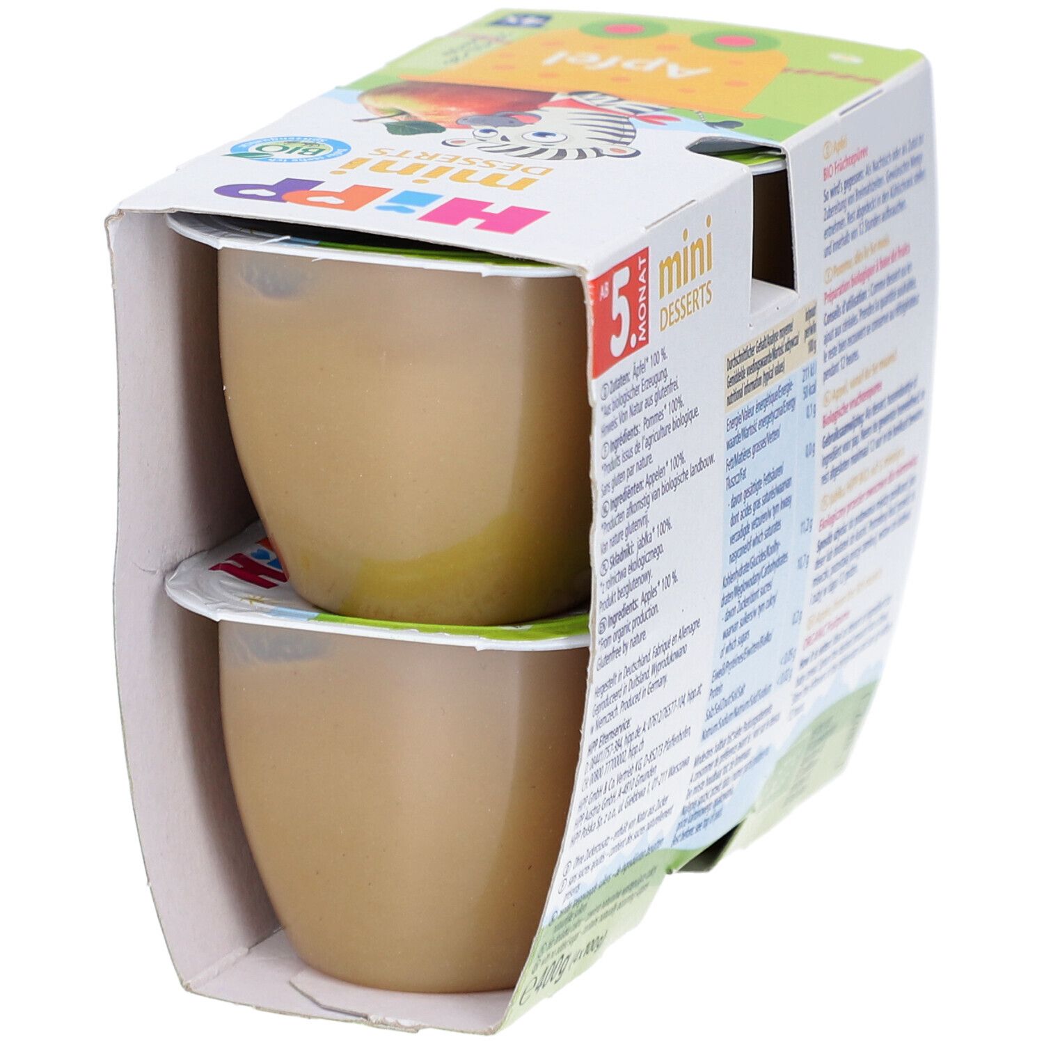 Verpackung mit zwei Bechern HIPP mini DESSERTS Apfel. Ab 5 Monaten. Mit Bio-Siegel. Ohne Zuckerzusatz.
