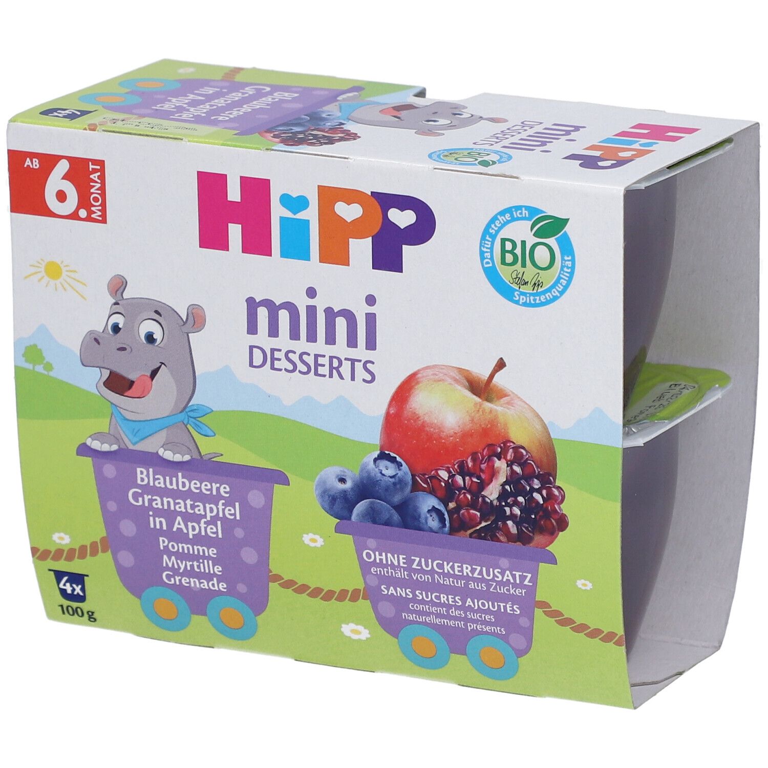 Verpackung mit vier HIPP Mini Desserts. Aufdruck: Blaubeere, Granatapfel in Apfel. Bio-Siegel. Ab 6 Monaten.