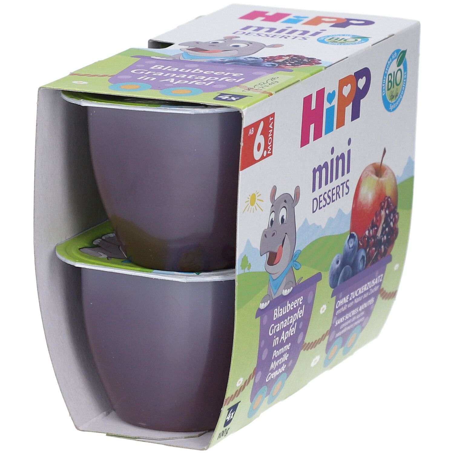 Verpackung mit zwei HIPP Mini Desserts. Aufdruck: Blaubeere, Granatapfel in Apfel. Bio-Siegel. Ab 6 Monaten.