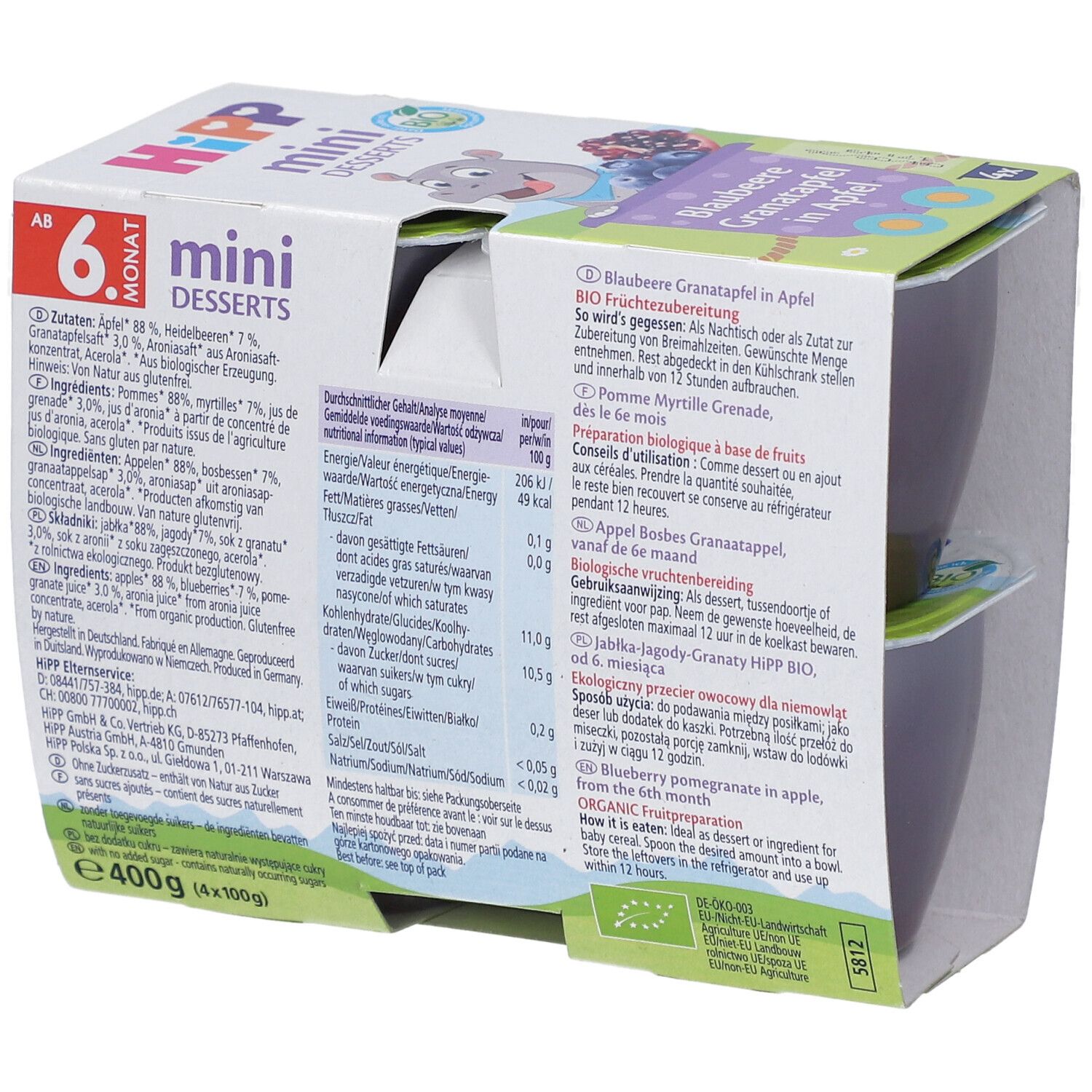 Verpackung mit HIPP Mini Desserts. Aufdruck: Blaubeere, Granatapfel in Apfel. Bio-Siegel. Nährwertangaben. Ab 6 Monaten.
