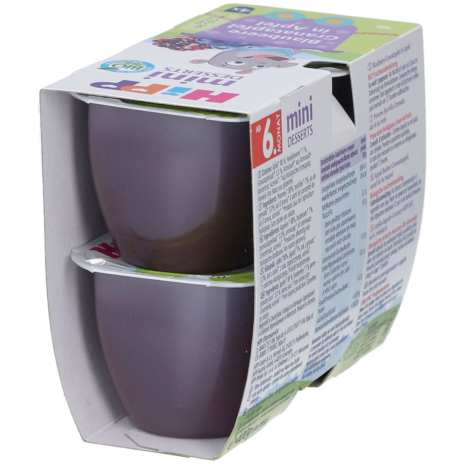 Verpackung mit zwei HIPP Mini Desserts. Aufdruck: Blaubeere, Granatapfel in Apfel. Bio-Siegel. Ab 6 Monaten.