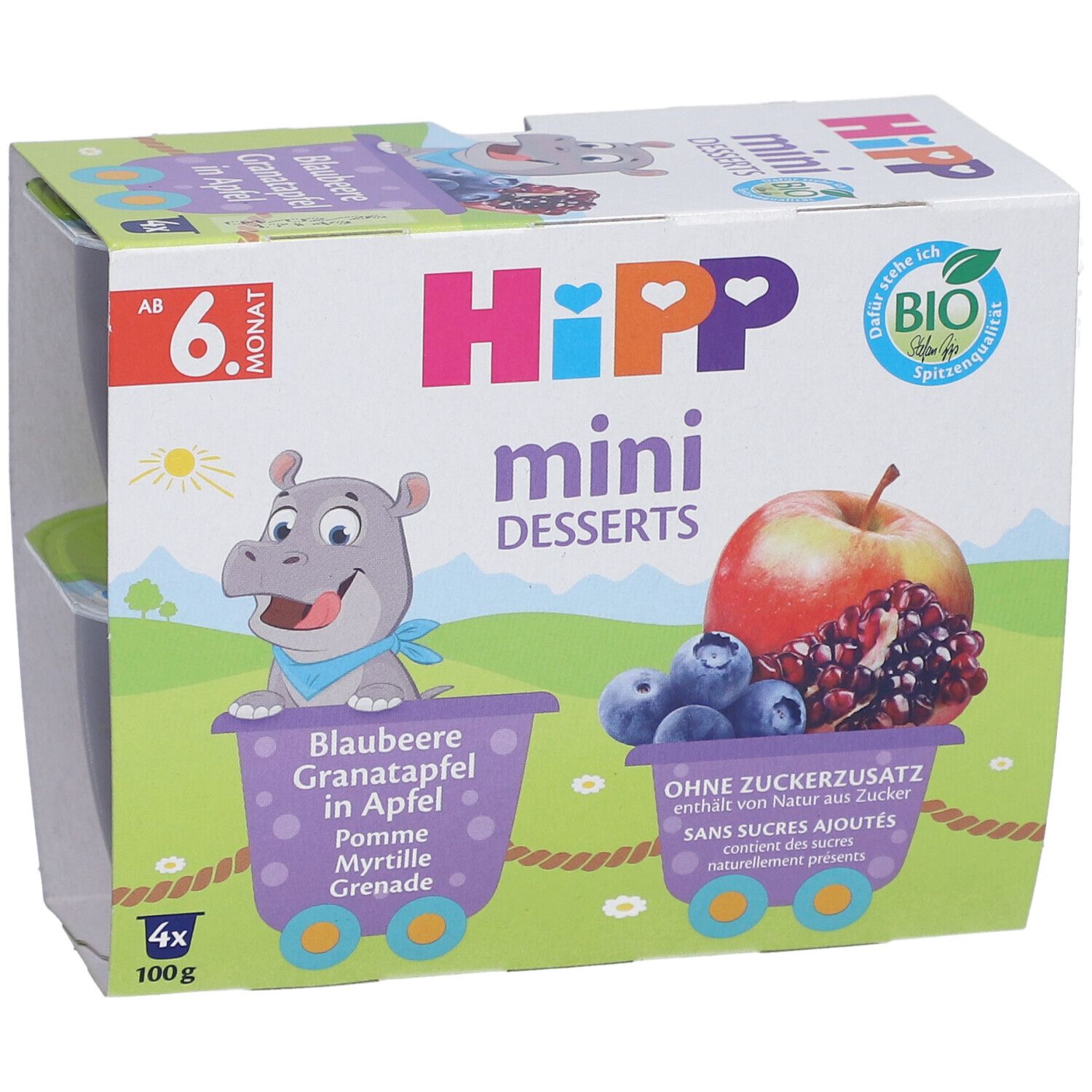 Verpackung mit vier HIPP Mini Desserts. Aufdruck: Blaubeere, Granatapfel in Apfel. Bio-Siegel. Ab 6 Monaten.