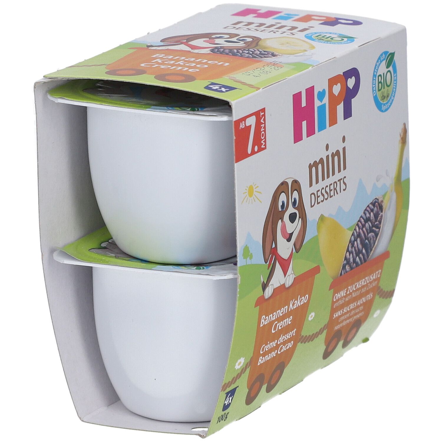HIPP Mini Desserts Verpackung mit 2 Bechern Bananen-Kakao Creme. Bio-Siegel und Cartoon-Illustration.